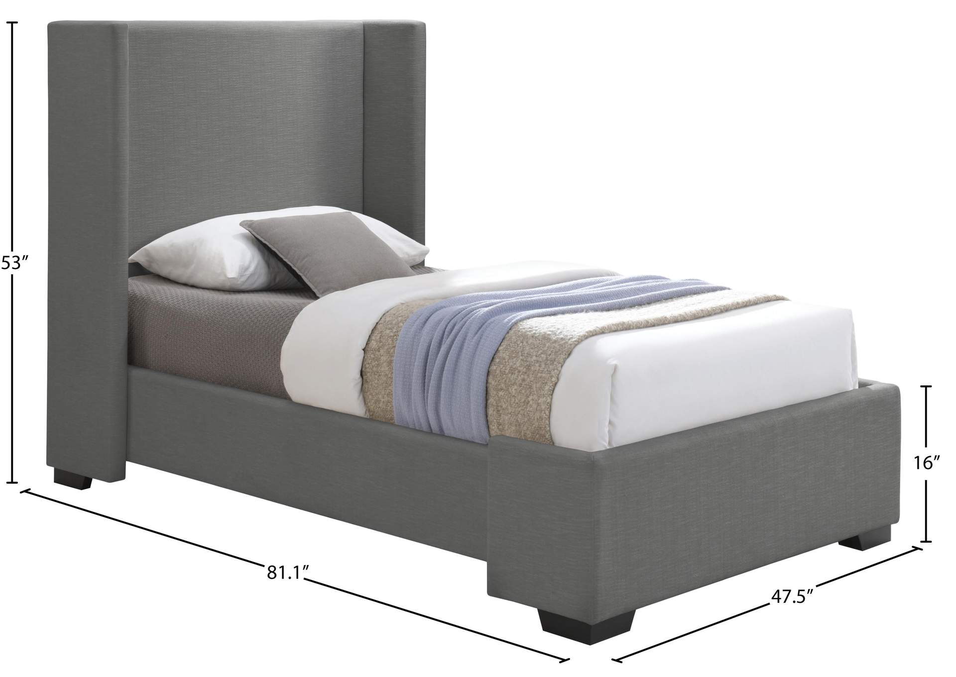 Oxford Grey Linen Textured Fabric Twin Bed (3 Boxes)