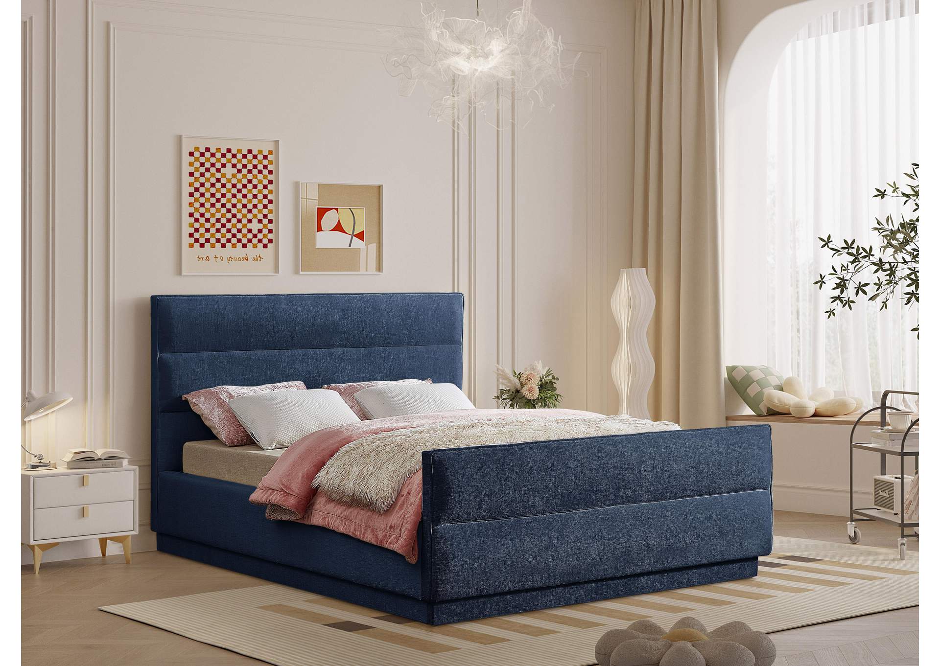 Paxton Navy Chenille Fabric Queen Bed (3 Boxes)