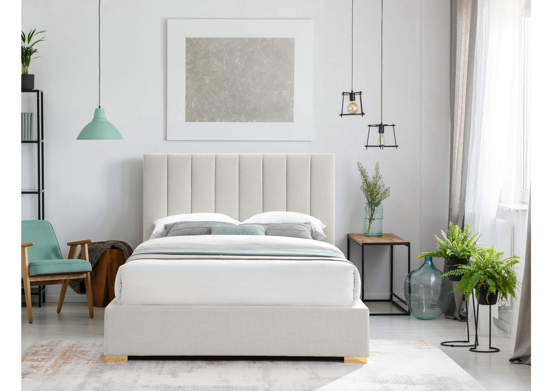 Pierce Beige Linen Textured Fabric King Bed