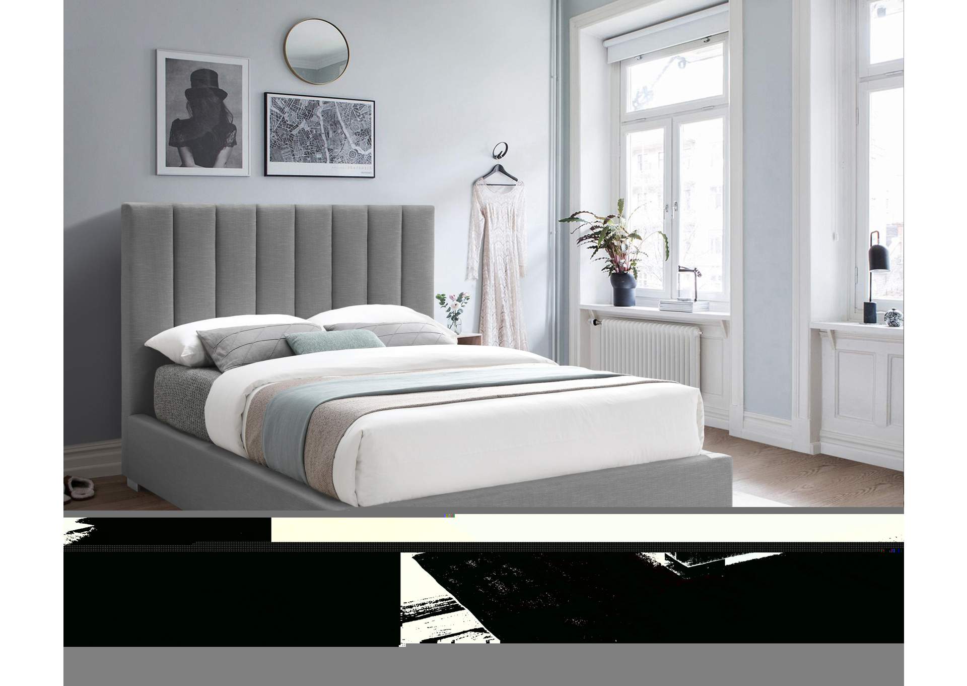 Pierce Grey Linen Textured Fabric King Bed