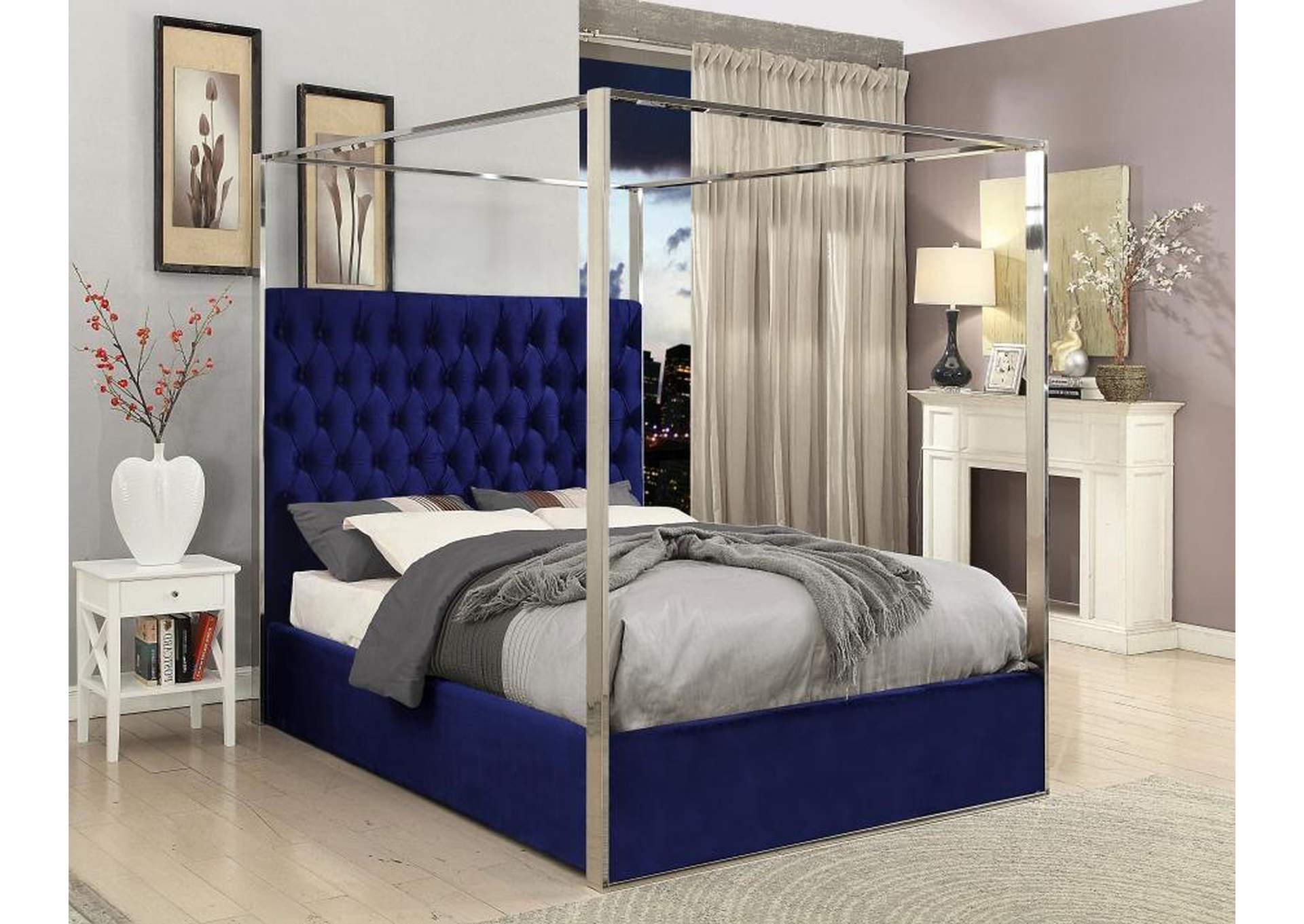 Porter Navy Velvet Queen Bed