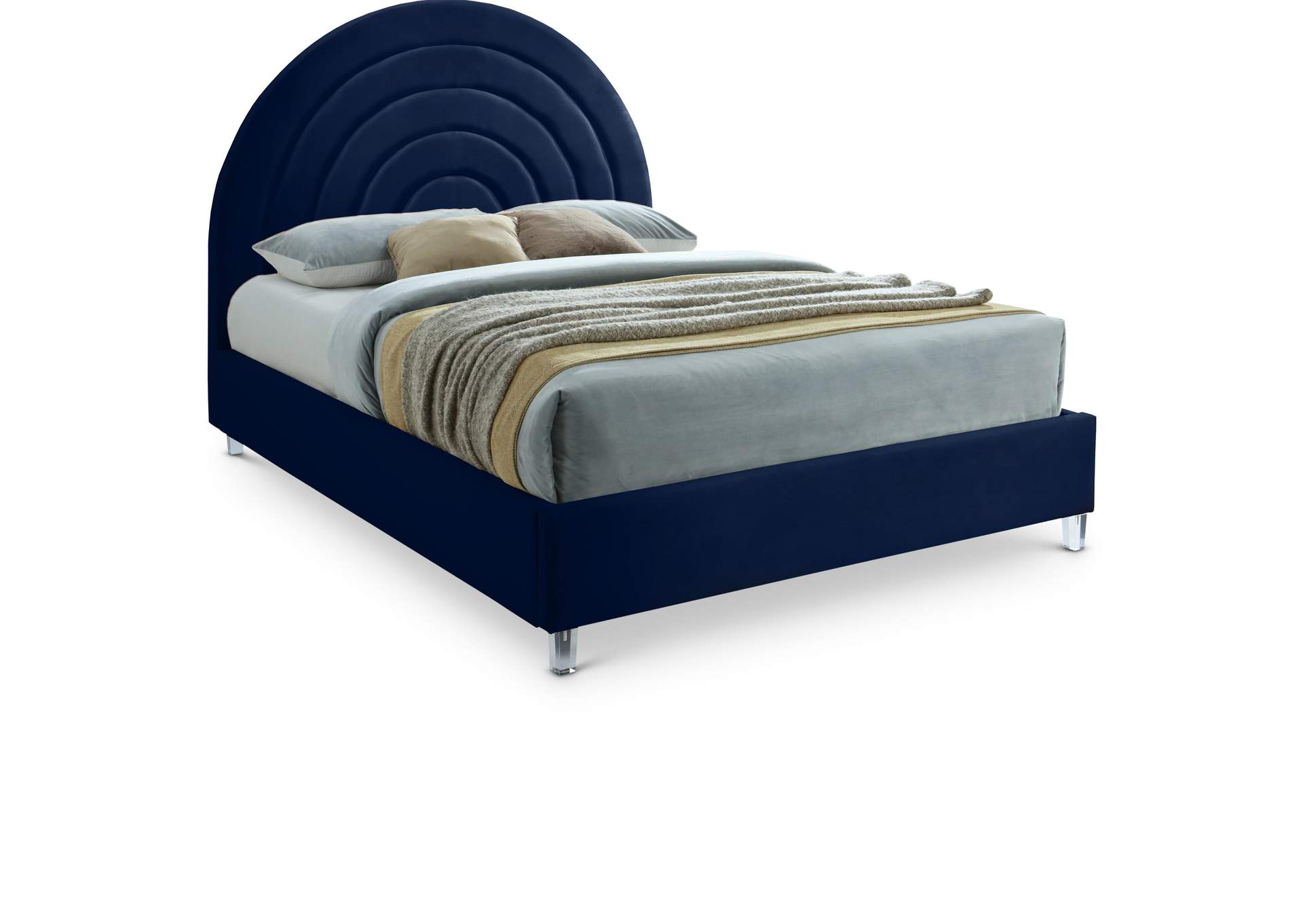 Rainbow Navy Velvet Queen Bed