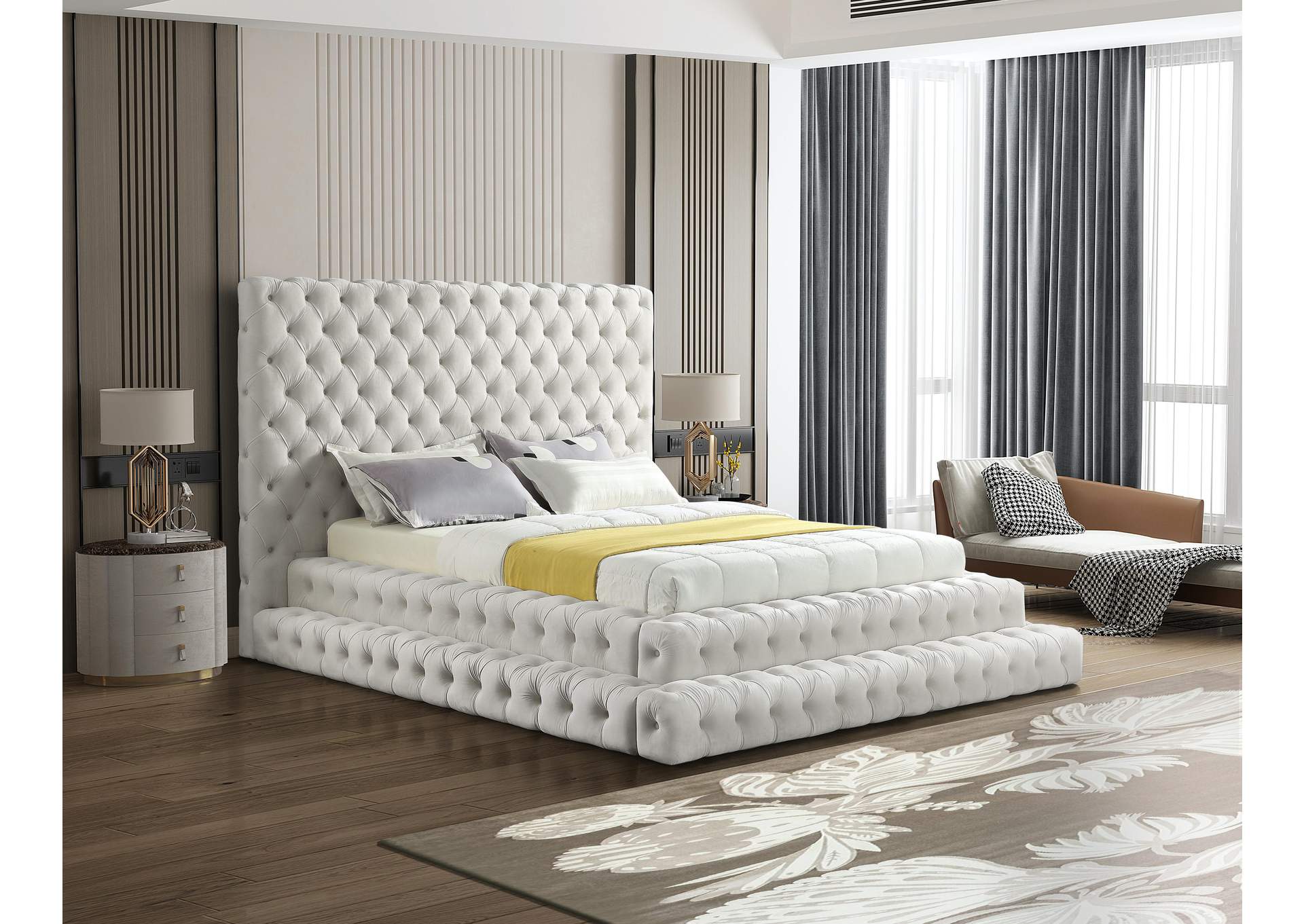 Revel Cream Velvet Queen Bed (3 Boxes)