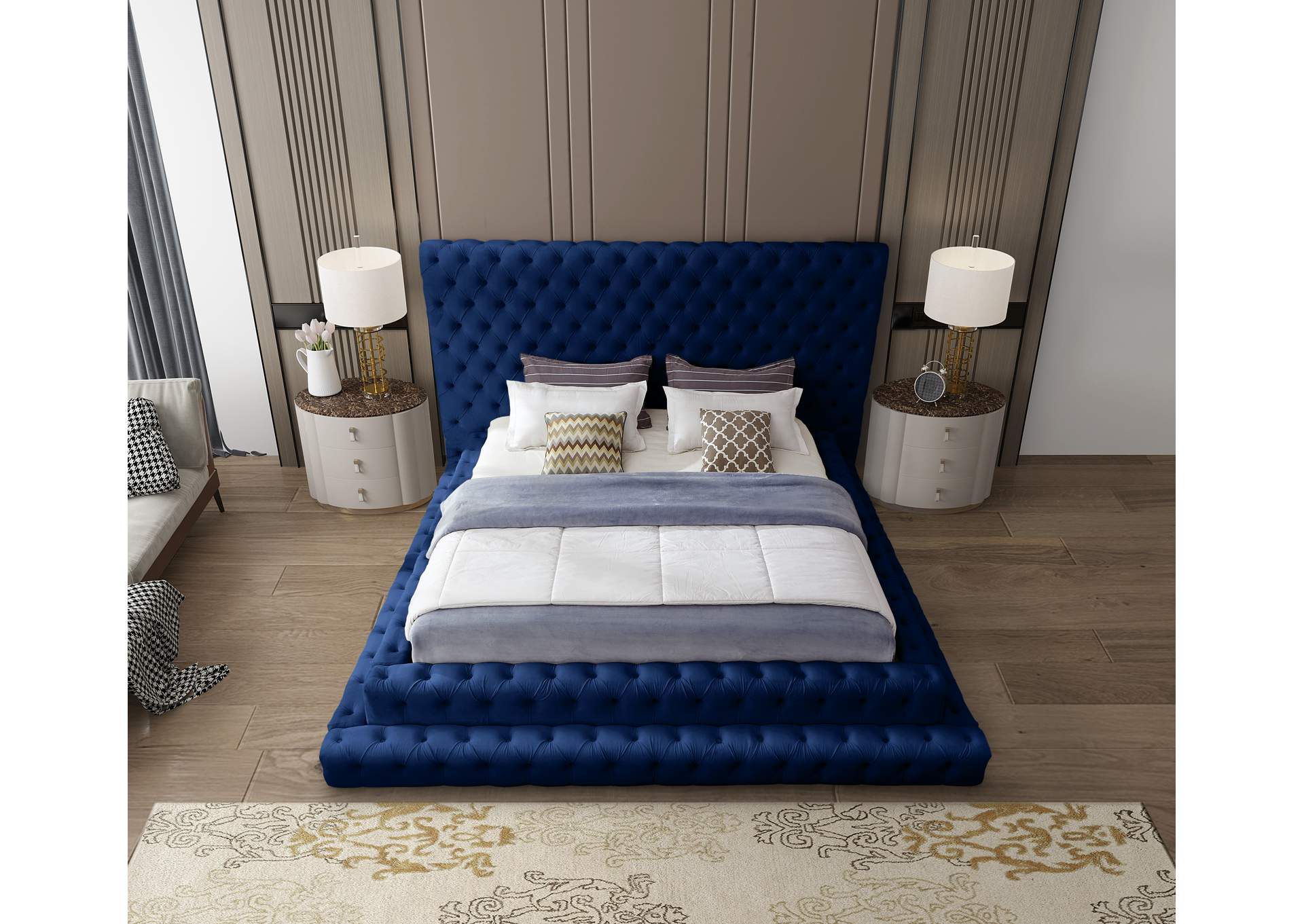Revel Navy Velvet Queen Bed (3 Boxes)
