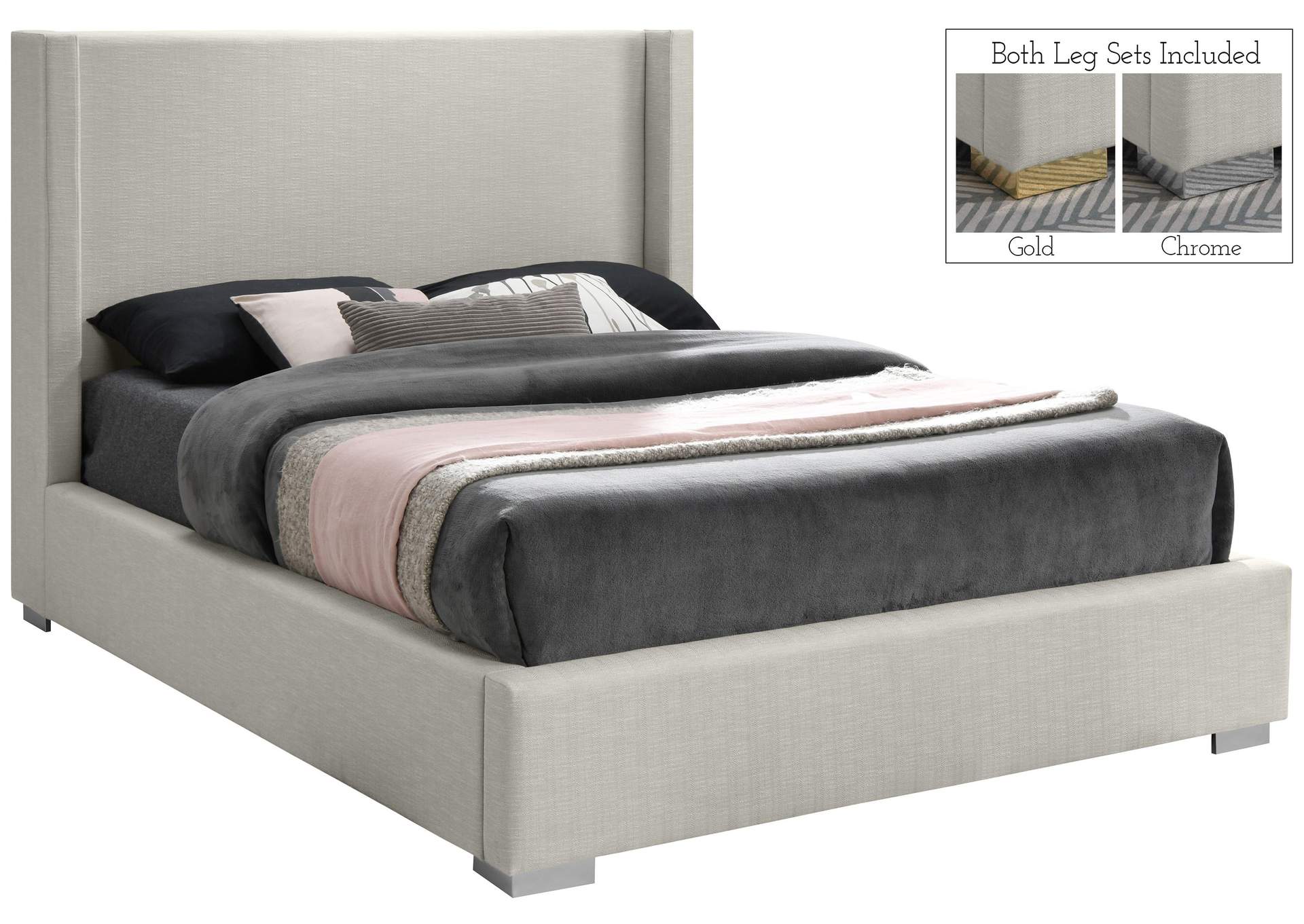 Royce Beige Linen Textured Fabric Full Bed (3 Boxes)