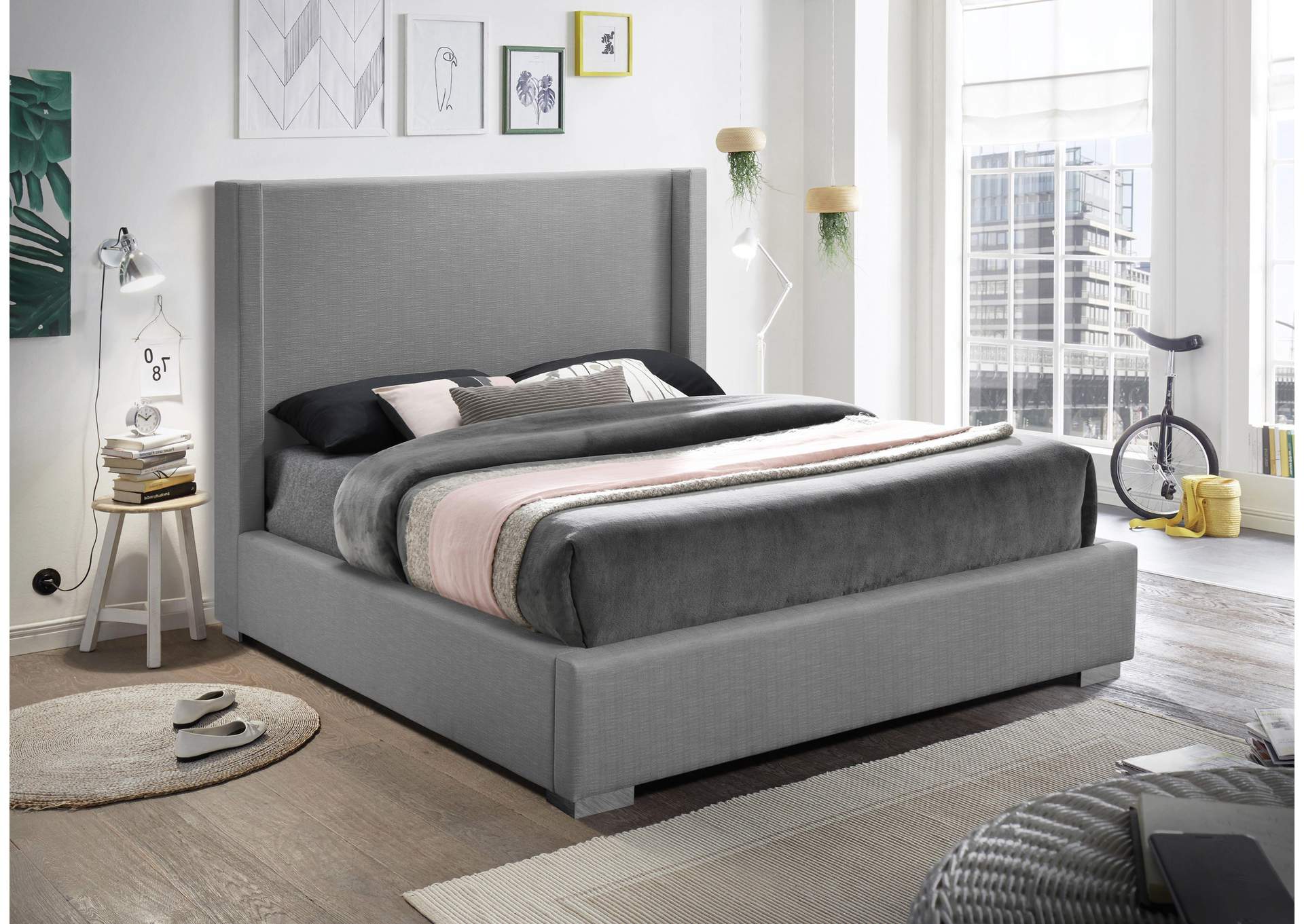 Royce Grey Linen Textured Fabric Queen Bed (3 Boxes)