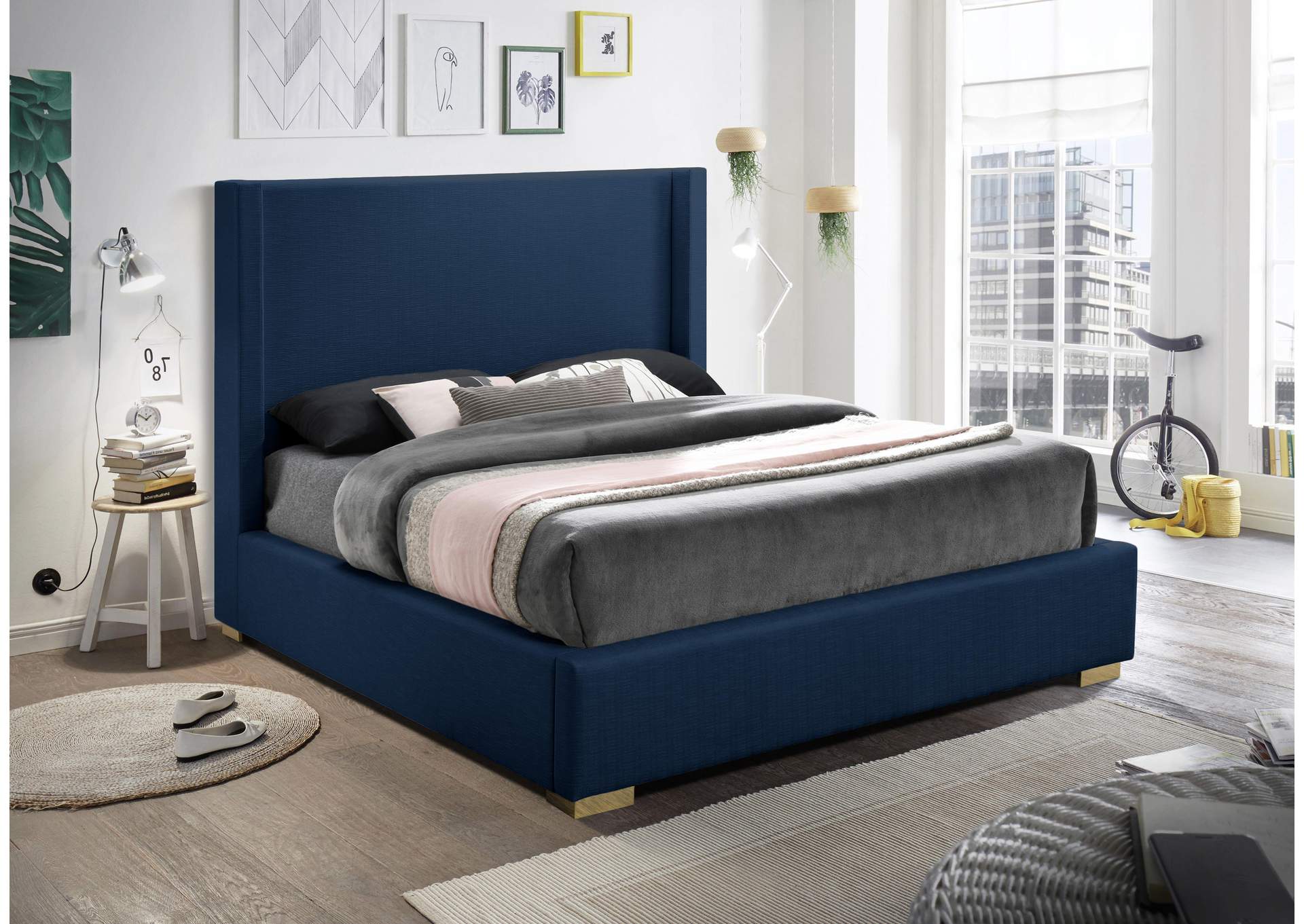 Royce Navy Linen Textured Fabric Full Bed (3 Boxes)