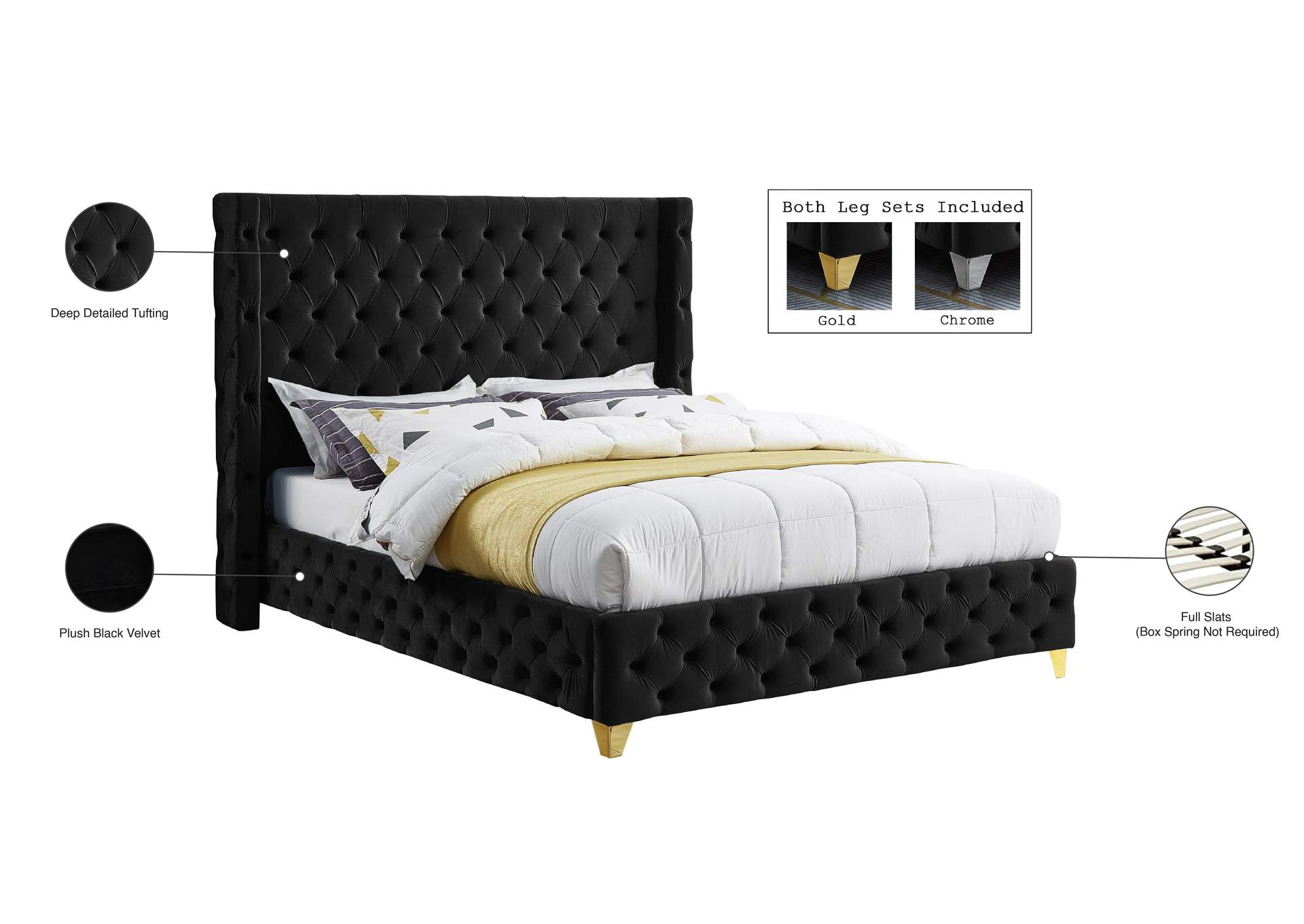 Savan Black Velvet Queen Bed