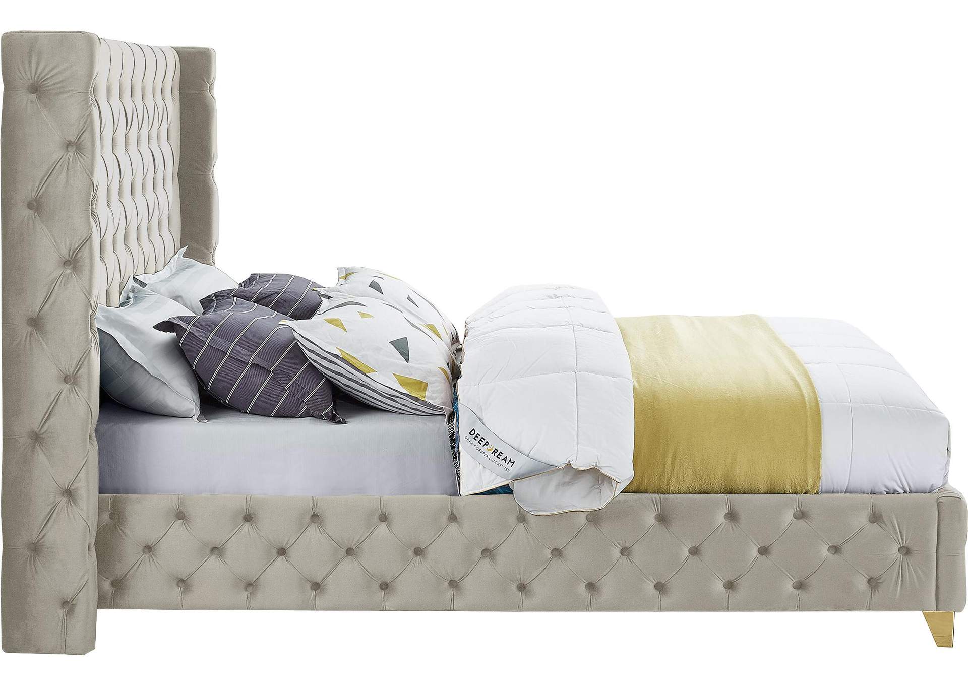 Savan Cream Velvet Queen Bed