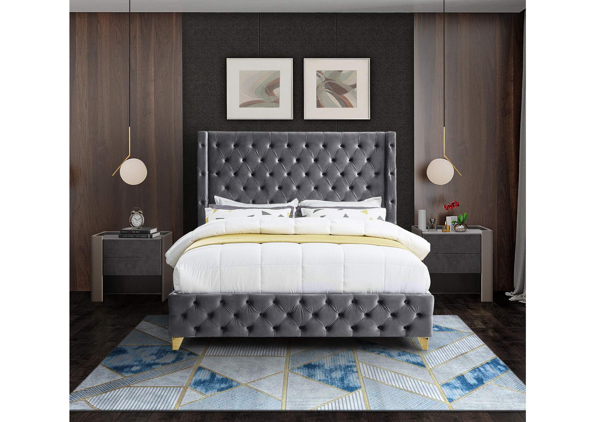 Savan Grey Velvet Queen Bed