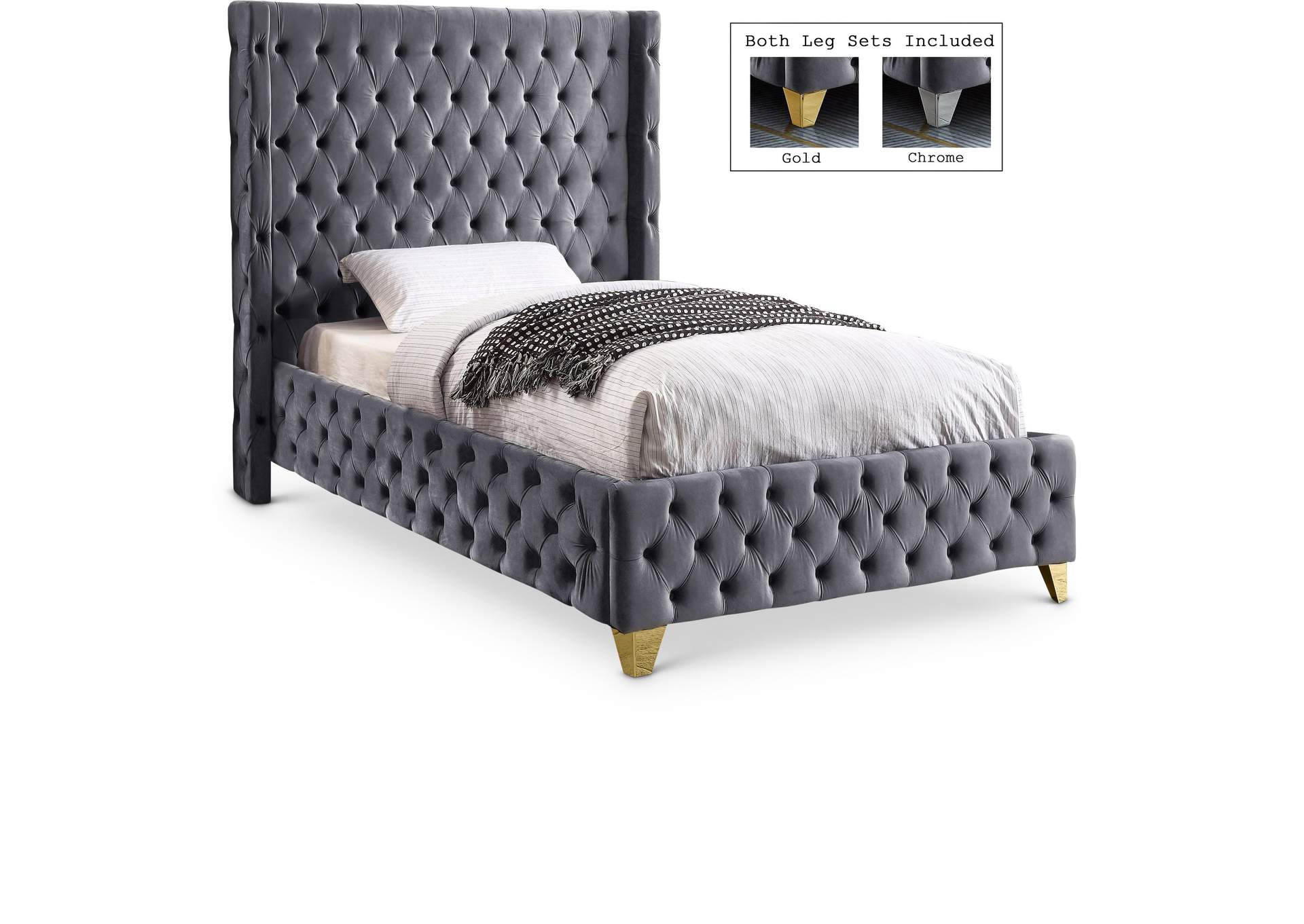Savan Grey Velvet Twin Bed