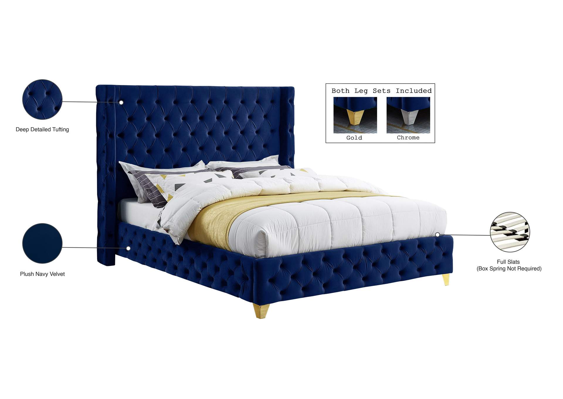 Savan Navy Velvet Queen Bed