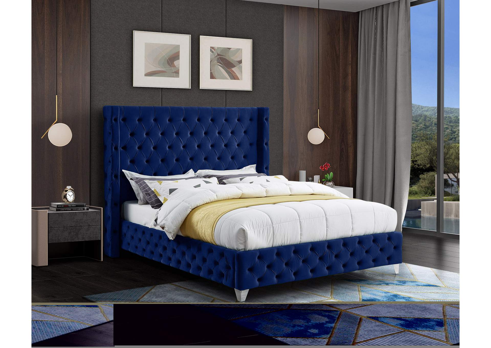 Savan Navy Velvet Queen Bed