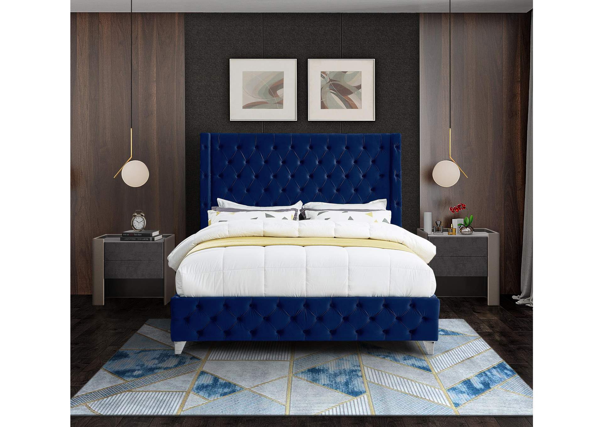 Savan Navy Velvet Queen Bed
