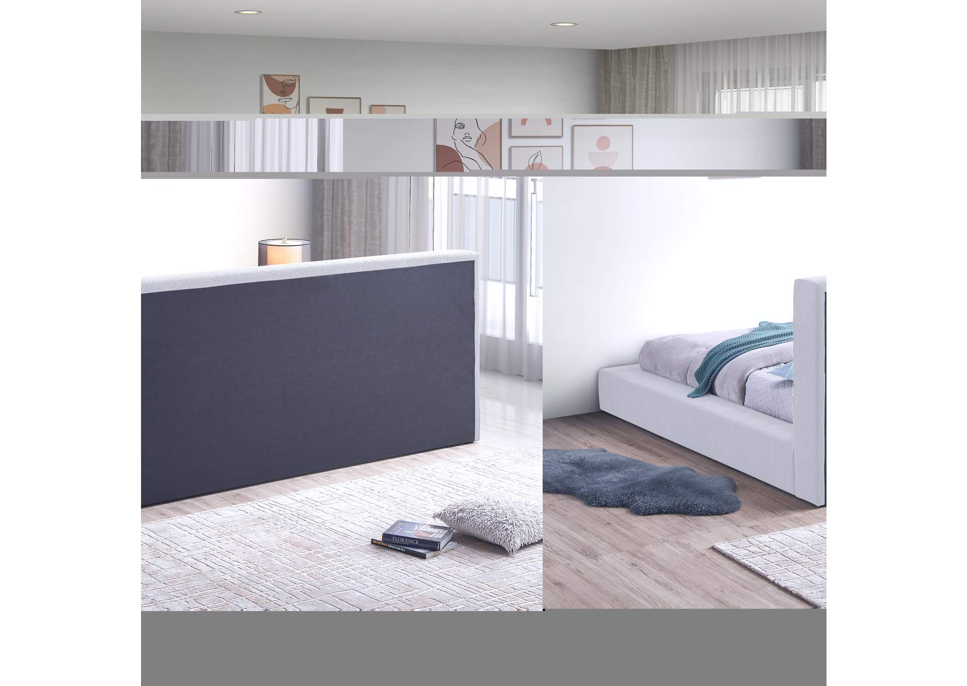 Terra White Boucle Fabric Queen Bed