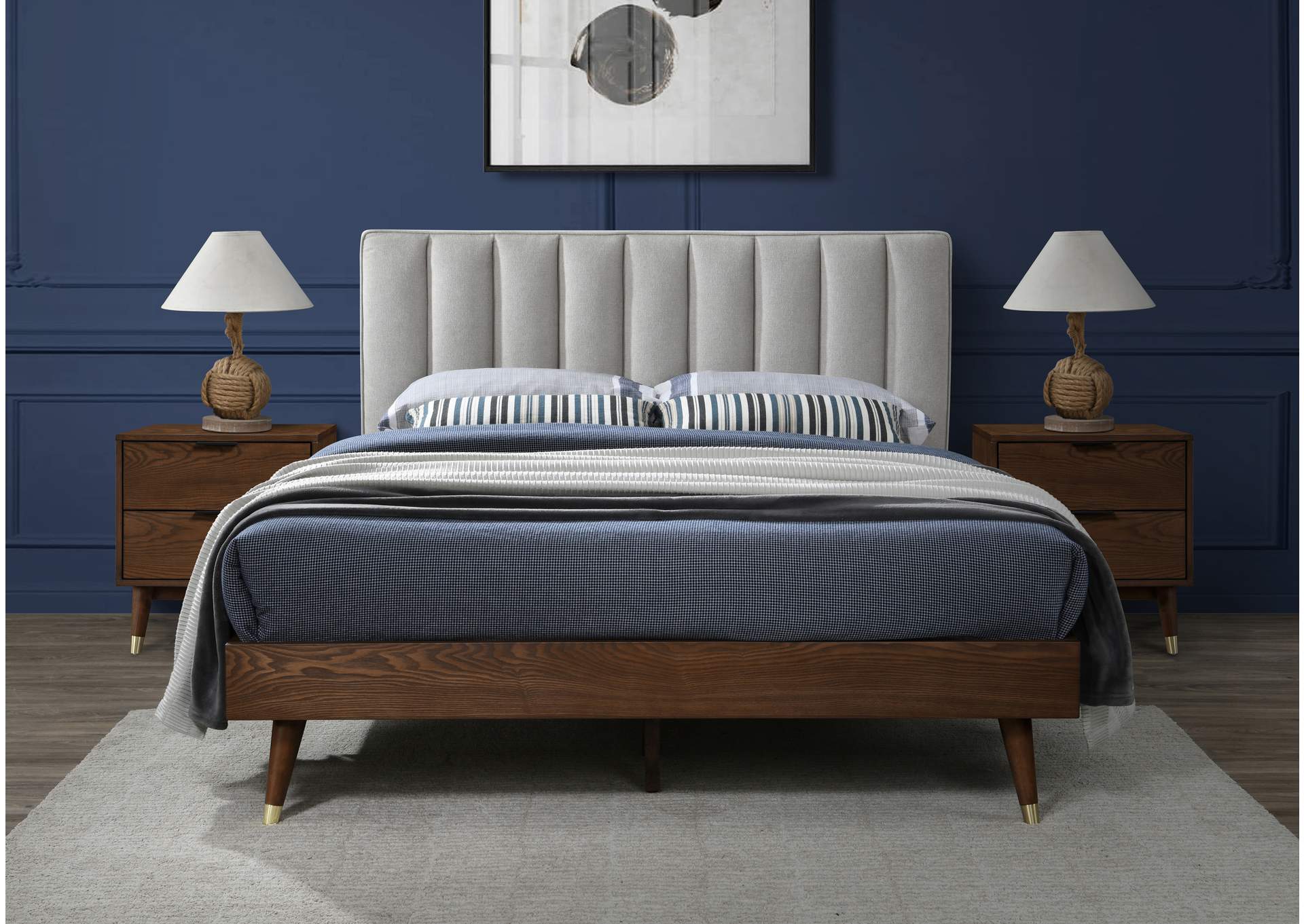 Vance Beige Linen Textured Fabric Queen Bed (3 Boxes)