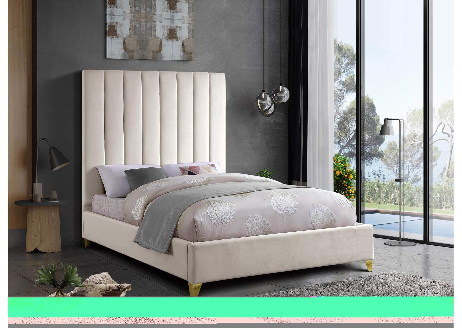 Via Cream Velvet Queen Bed
