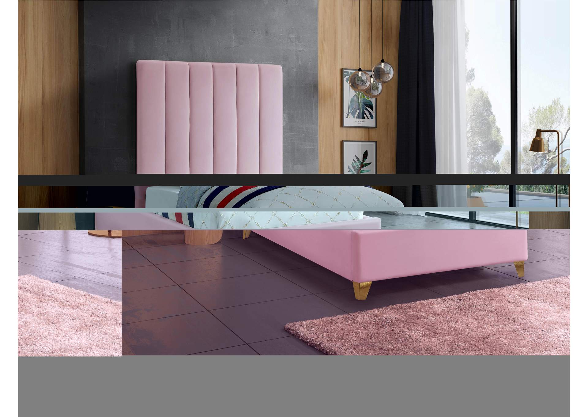 Via Pink Velvet Twin Bed