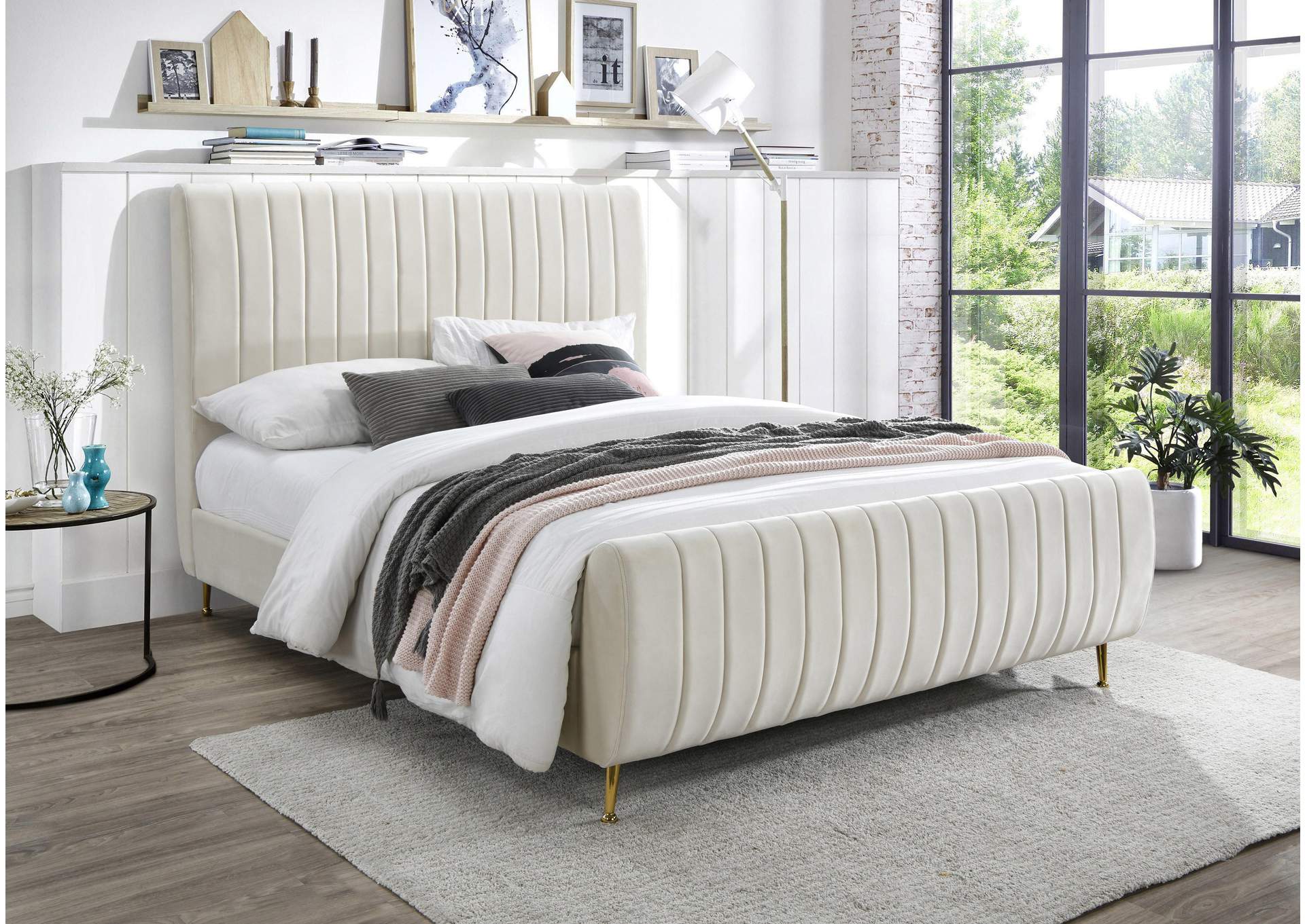 Zara Cream Velvet Full Bed (3 Boxes)