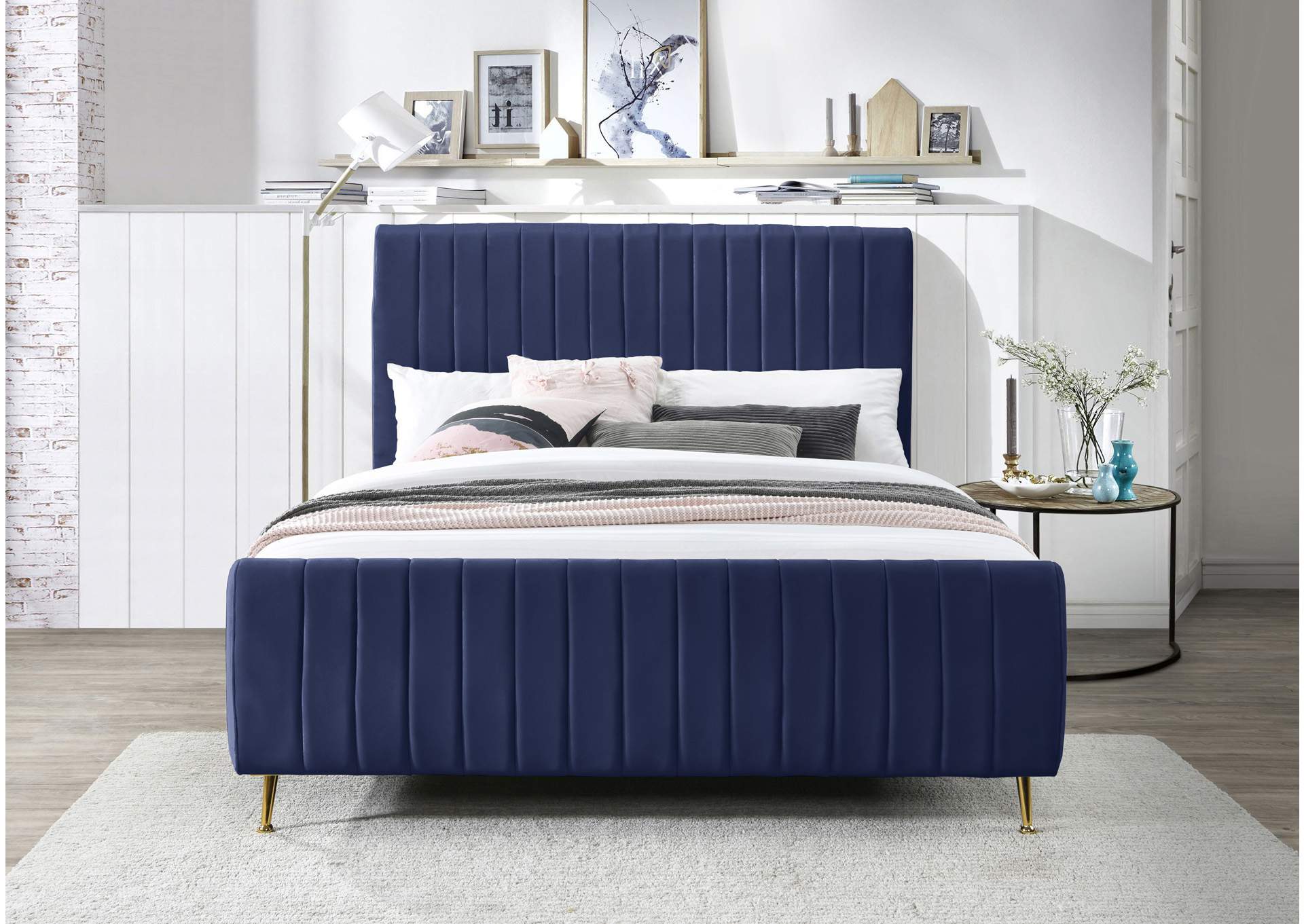 Zara Navy Velvet Queen Bed (3 Boxes)