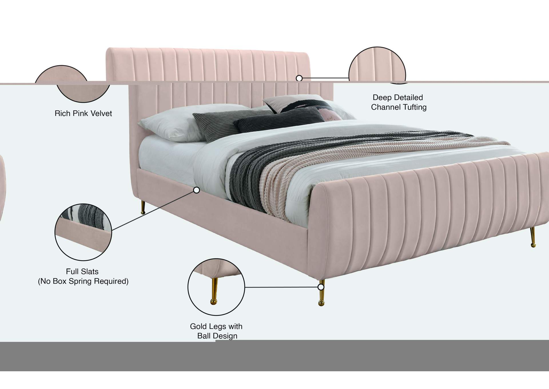 Zara Pink Velvet Queen Bed (3 Boxes)