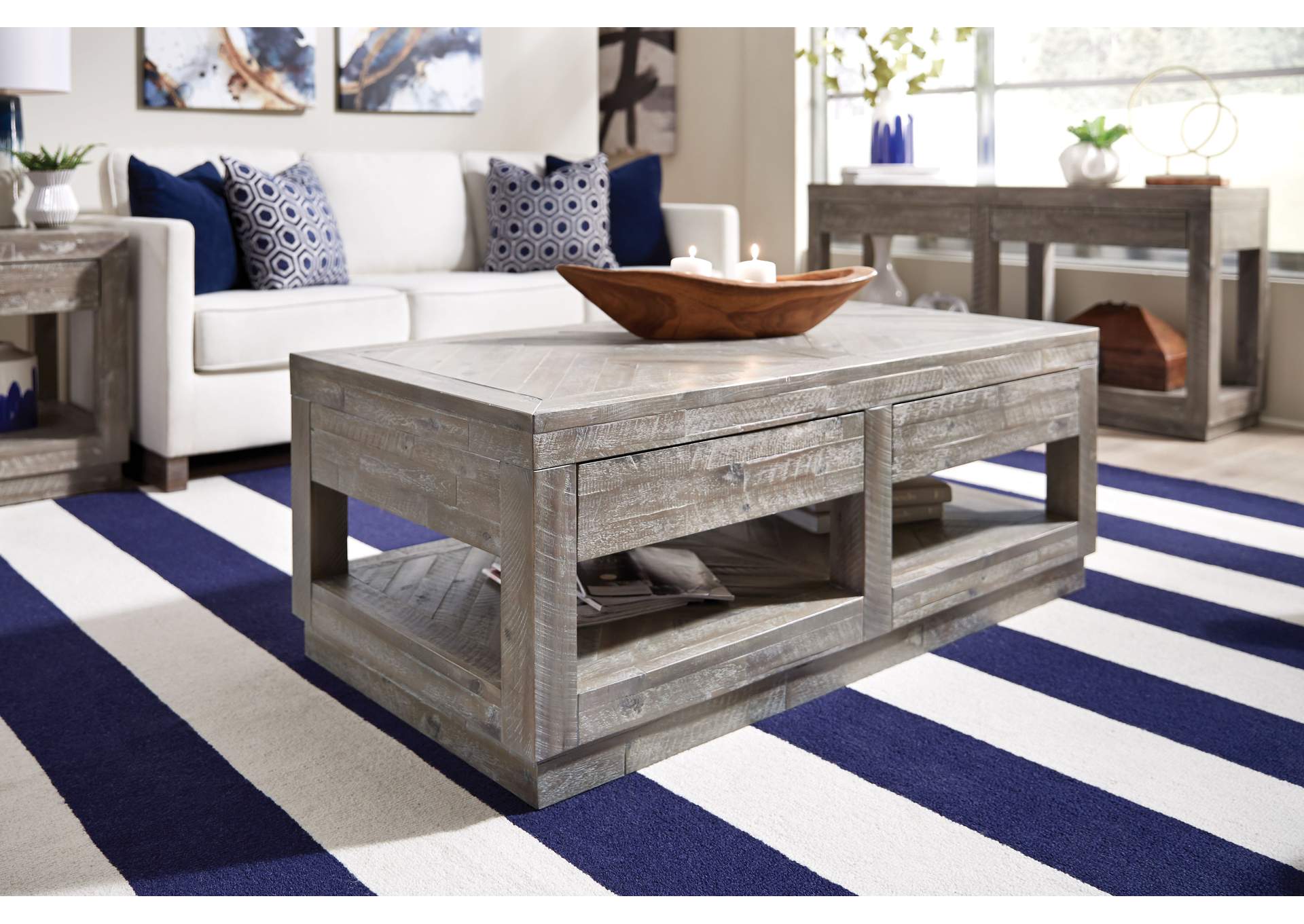 Herringbone Solid Wood Two Drawer Coffee Table In Rustic Latte image 1