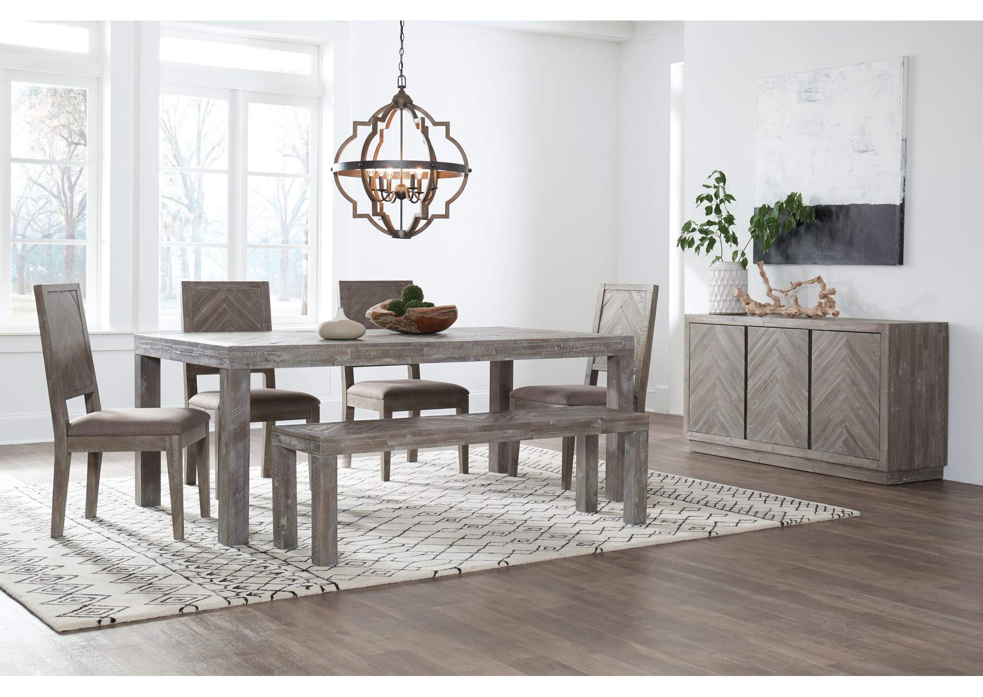 Herringbone Solid Wood Rectangular Dining Table In Rustic Latte image 3