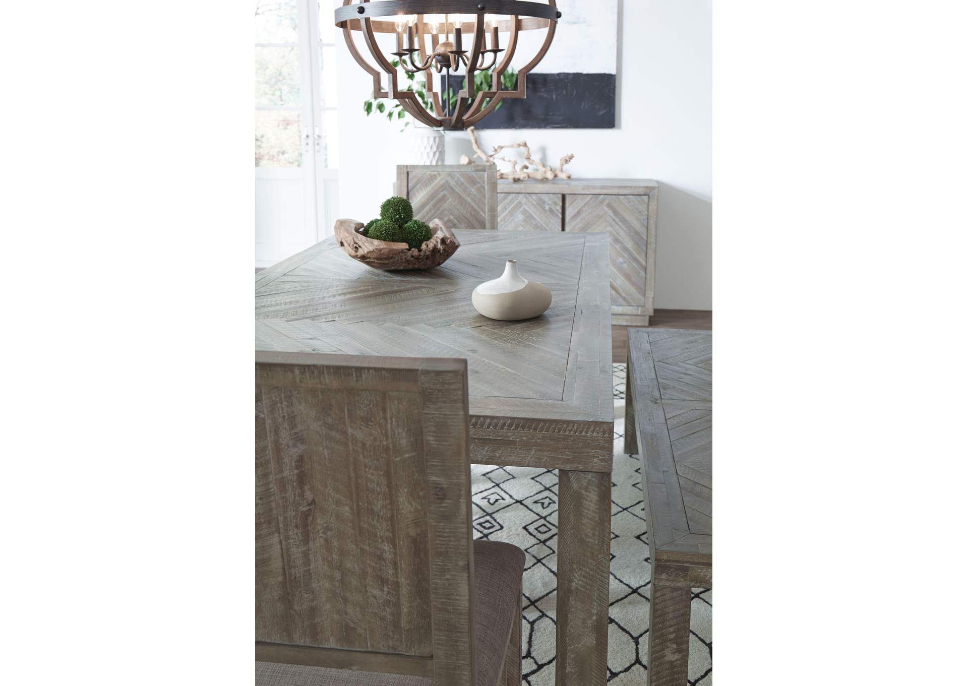 Herringbone Solid Wood Rectangular Dining Table In Rustic Latte image 4