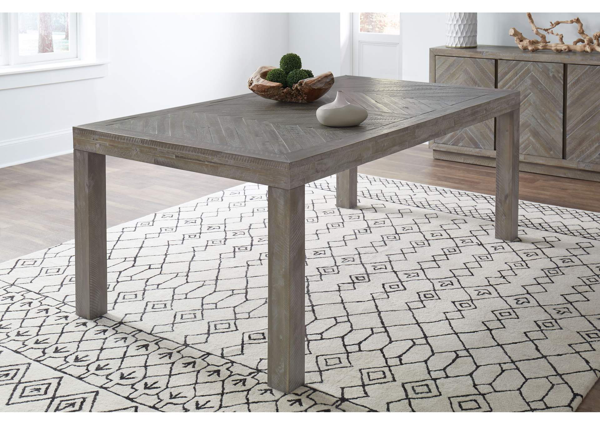 Herringbone Solid Wood Rectangular Dining Table In Rustic Latte image 1