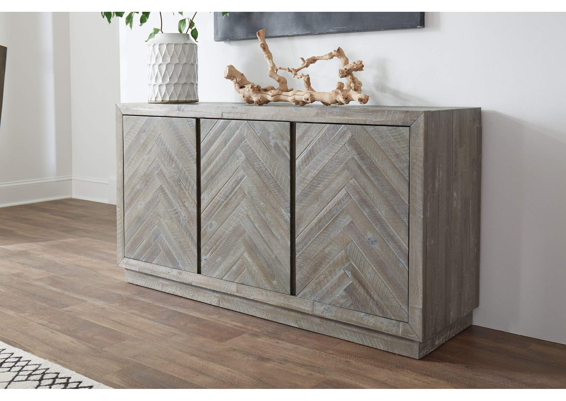 Herringbone Solid Wood Three Door Sideboard In Rustic Latte