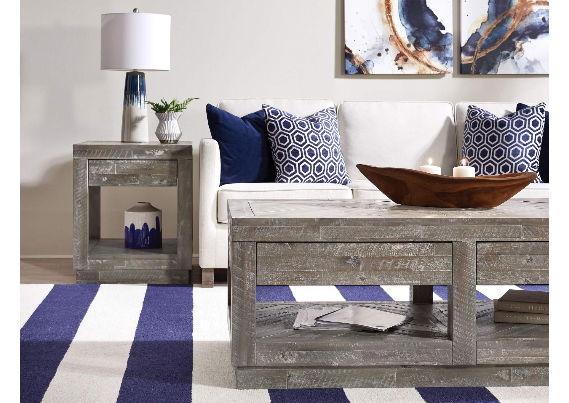 Herringbone Solid Wood Two Drawer Coffee Table In Rustic Latte image 3
