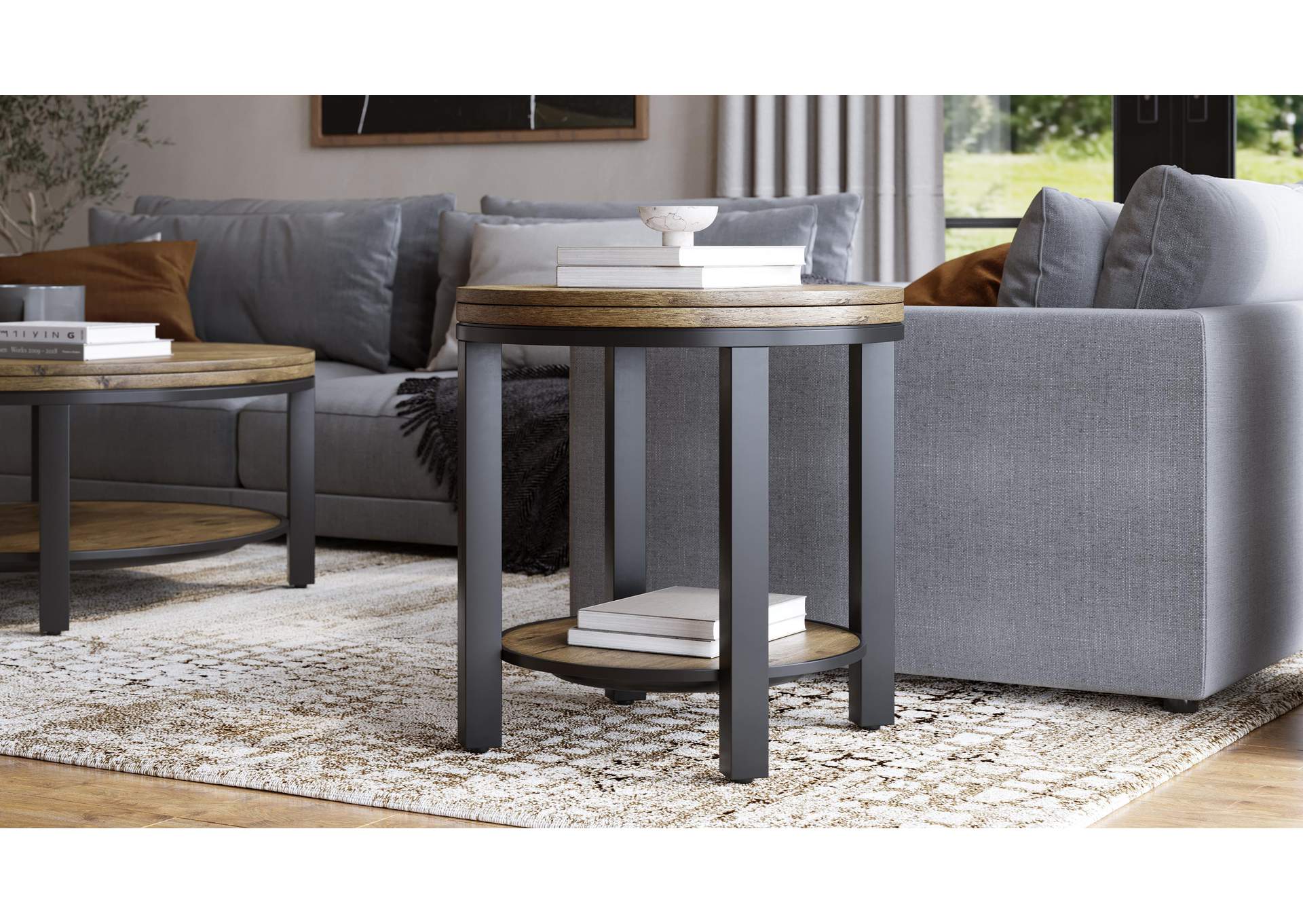 Canyon Solid Wood And Metal Round End Table In Washed Grey