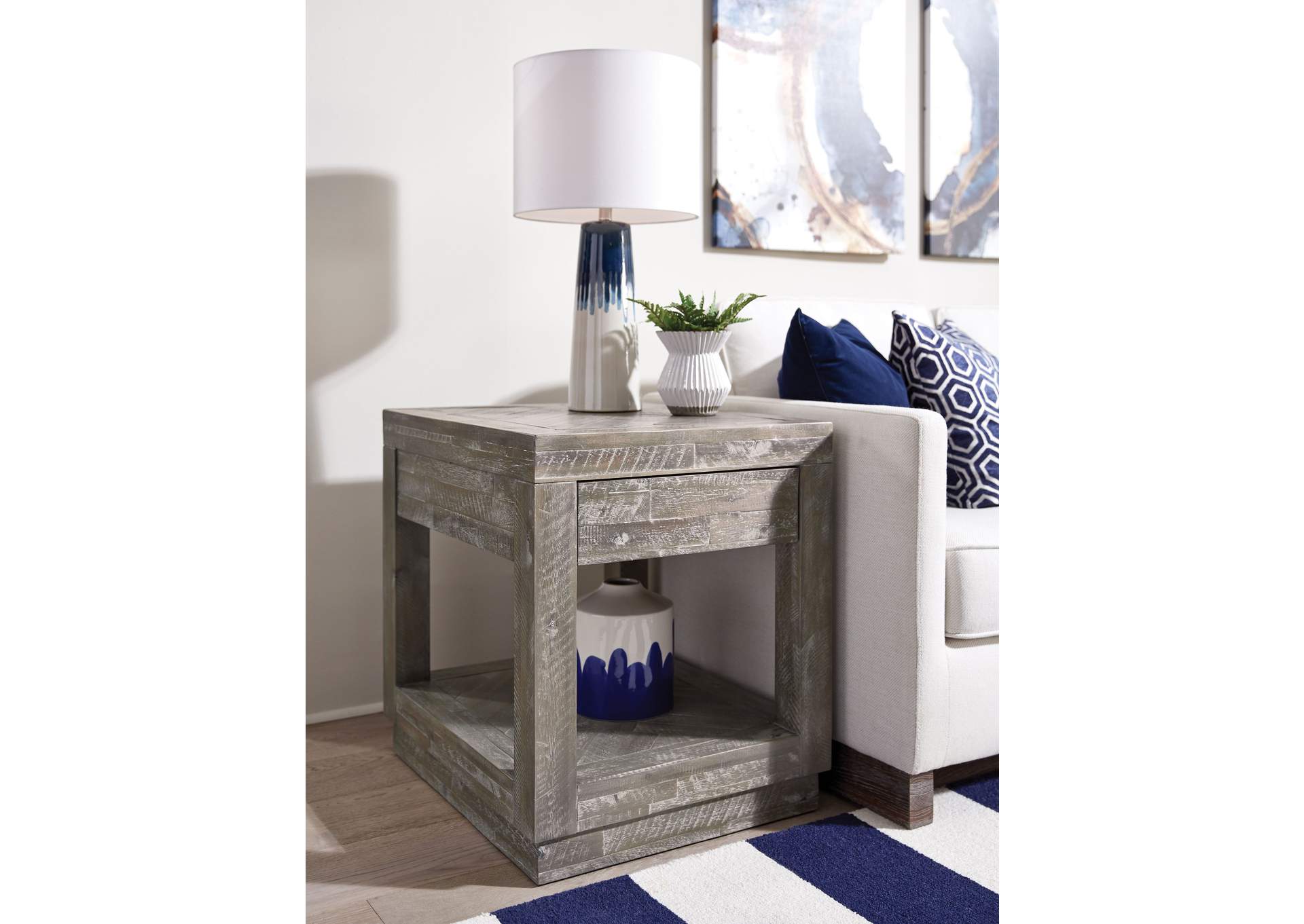 Herringbone Solid Wood One Drawer End Table In Rustic Latte image 1