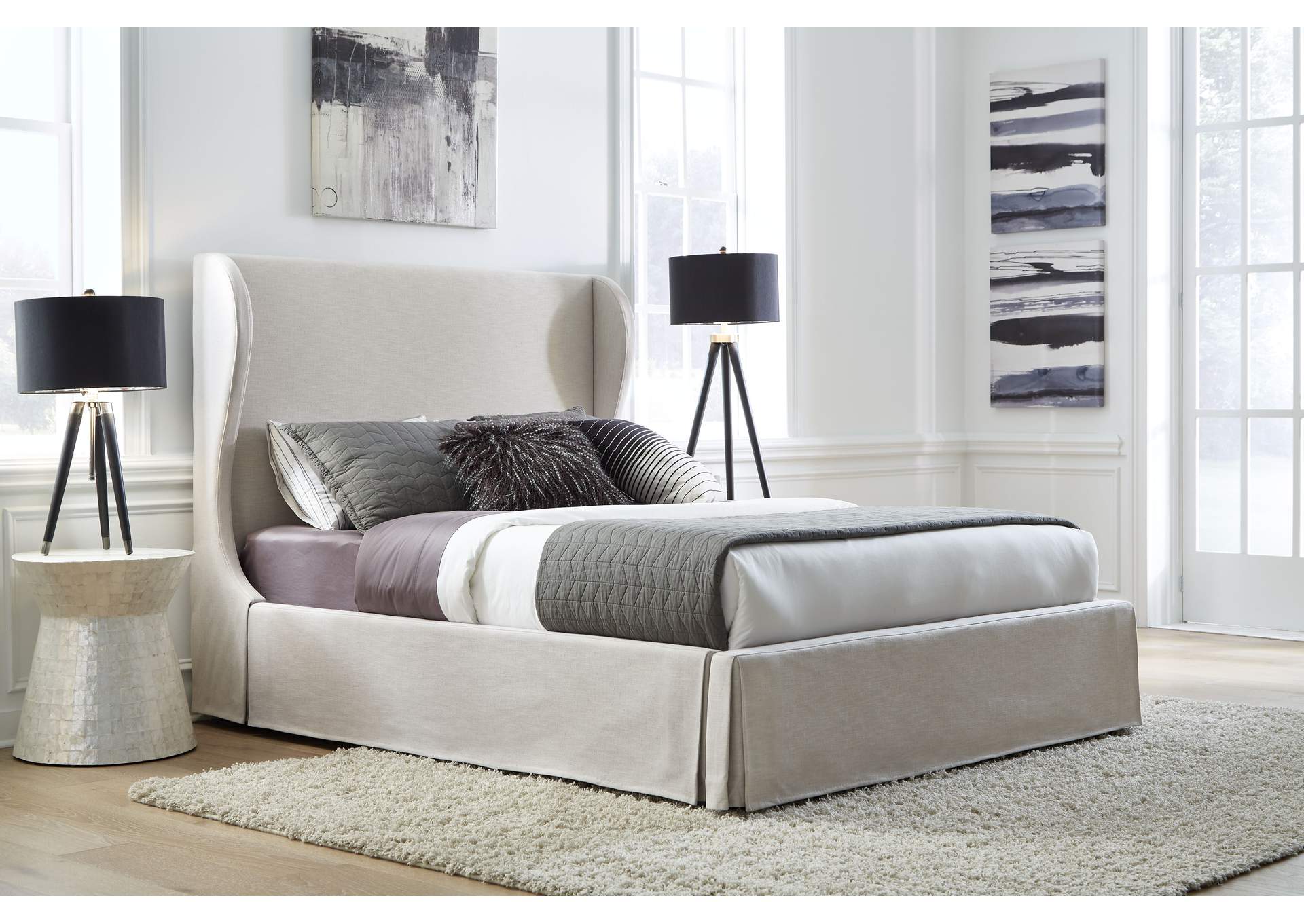 Hera Upholstered Skirted Panel Bed In Oatmeal image 1