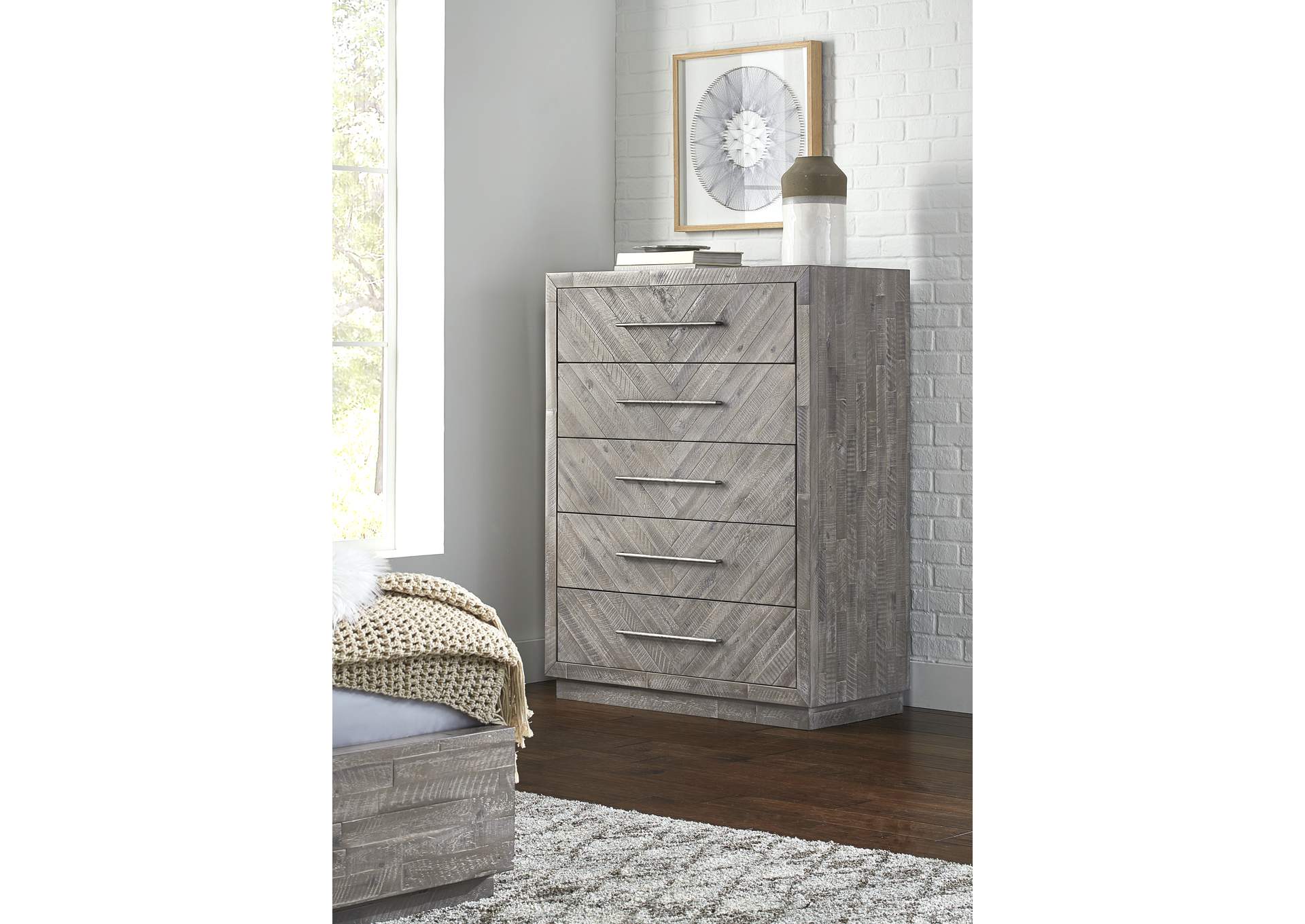 Alexandra Solid Wood Five Drawer Chest In Rustic Latte (2024) image 1