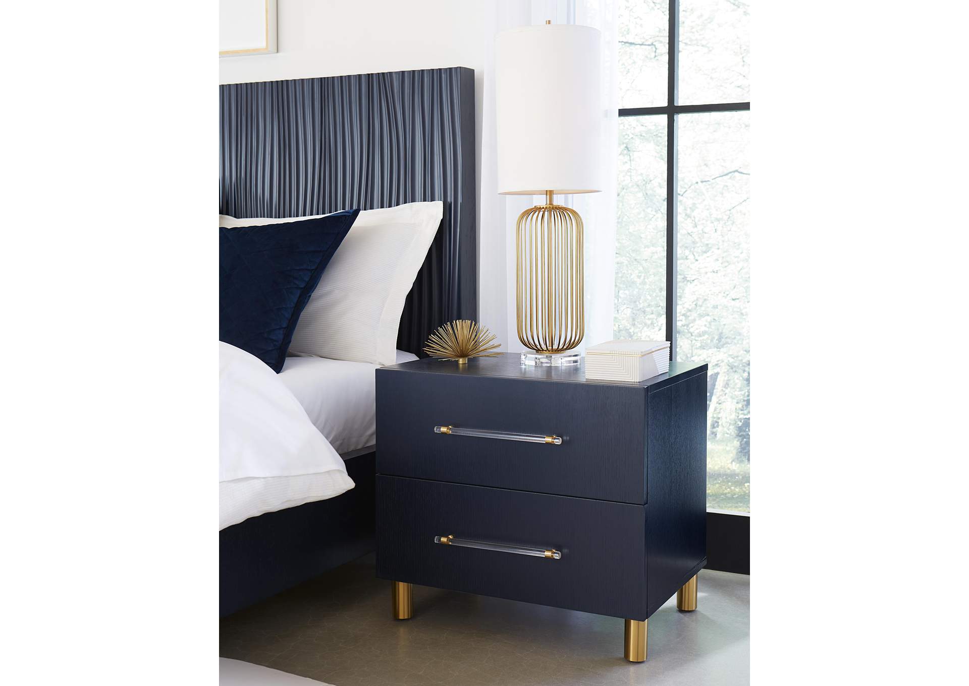 Argento Two Drawer USB Charging Nightstand In Navy Blue And Burnished Brass