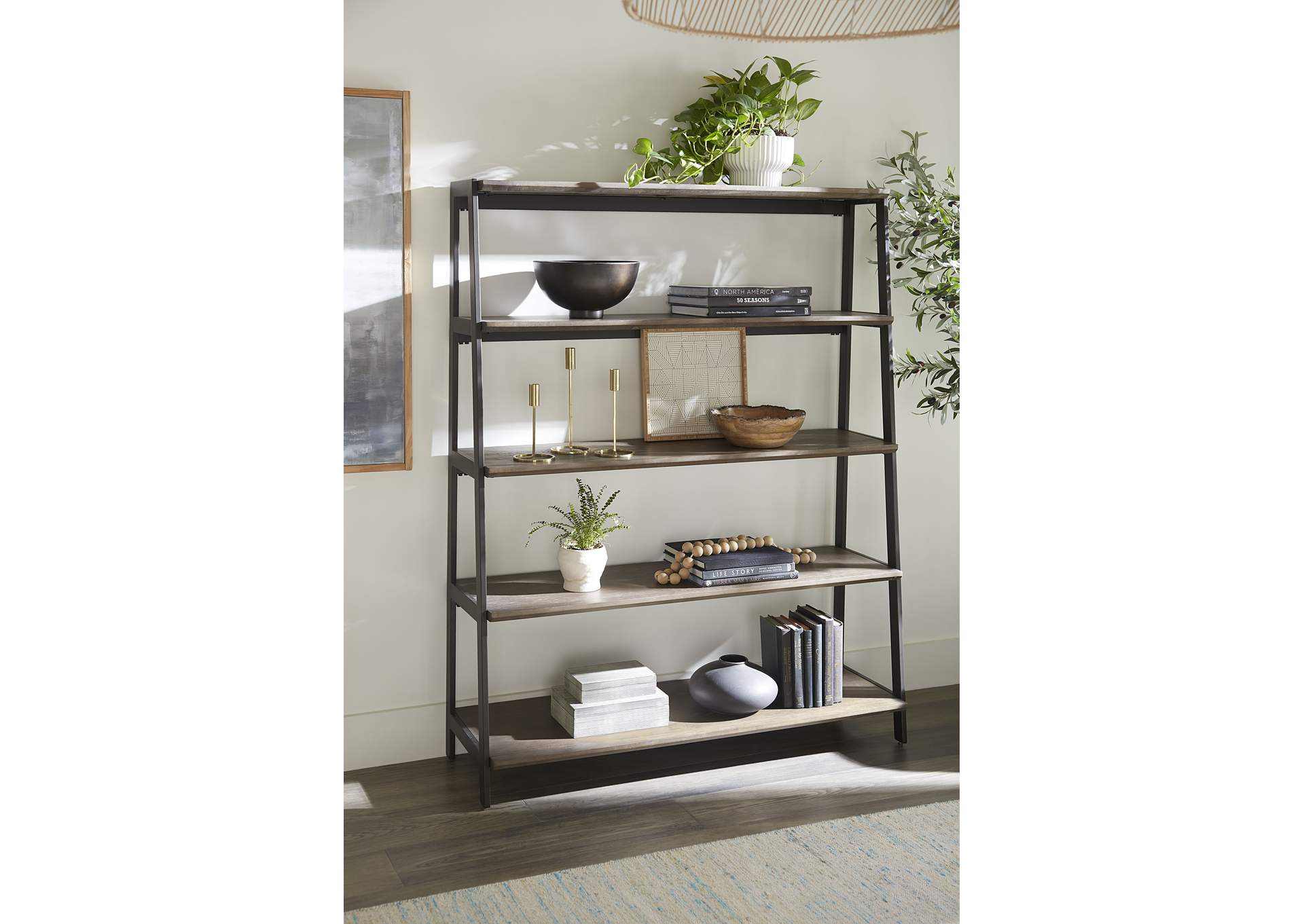 Finch Wood And Metal Etagere Bookcase In Buckwheat And Antique Bronze image 1