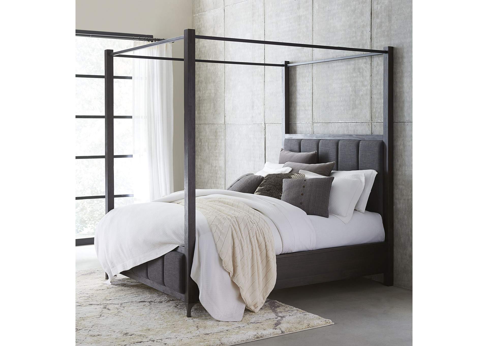 Lucerne Queen Size Upholstered Canopy Bed In Vintage Coffee image 1