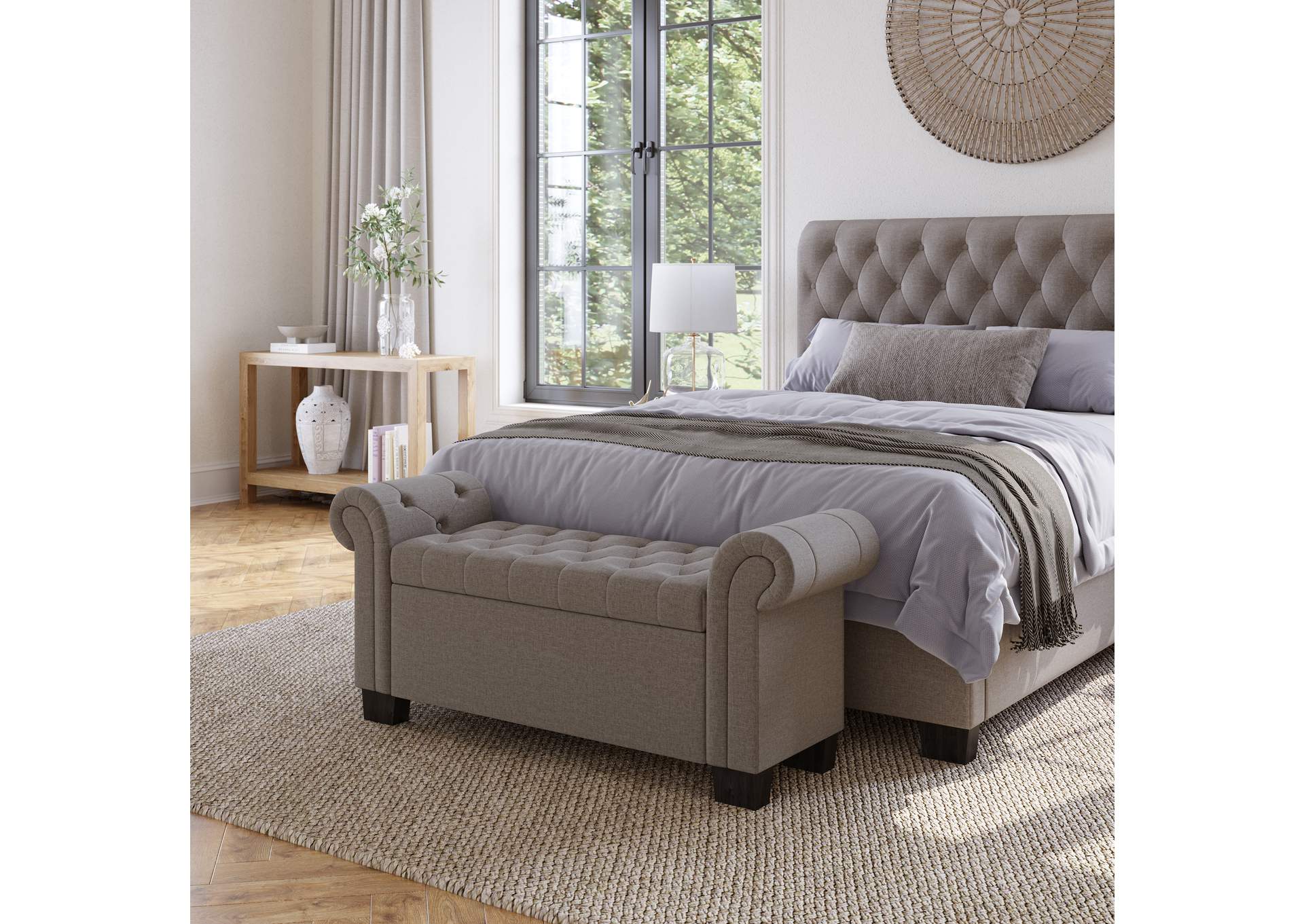 Royal Rolled Arm Storage Bench In Dolphin Linen image 1