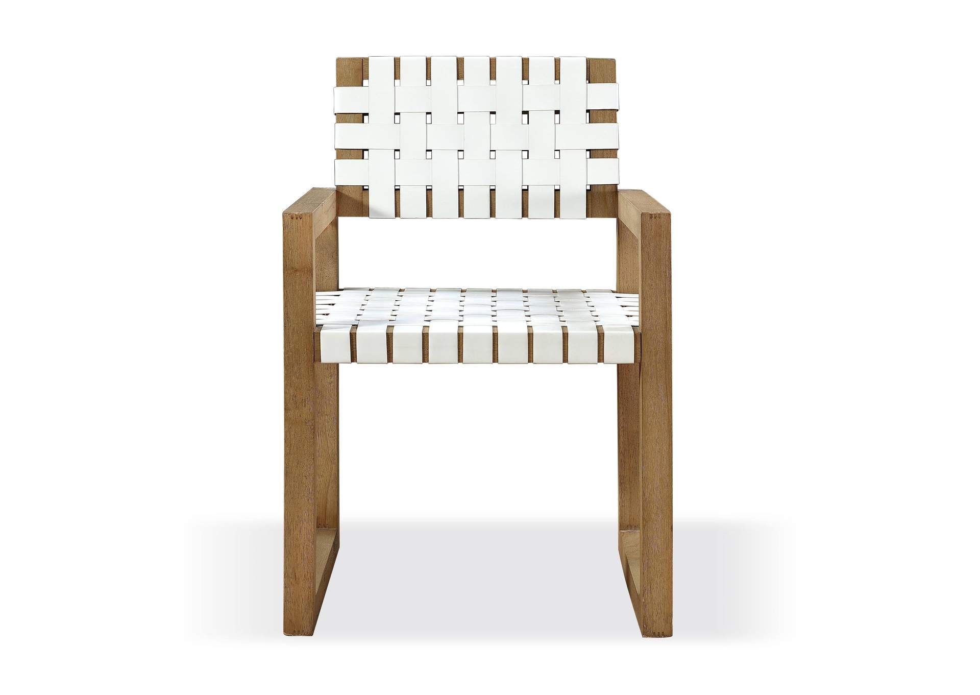One Woven Leather And Solid Wood Dining Arm Chair In White And Bisque
