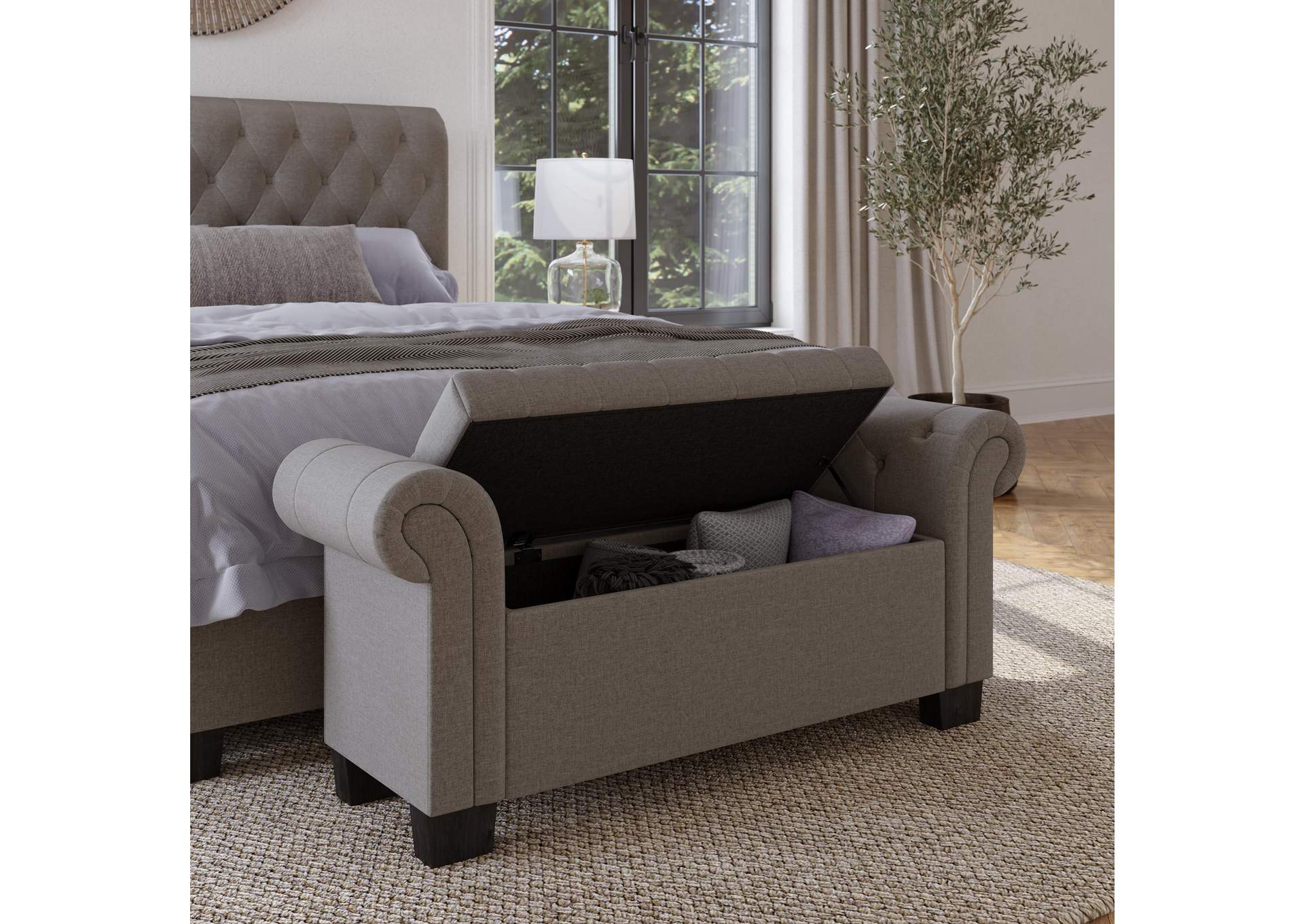 Royal Rolled Arm Storage Bench In Dolphin Linen image 4