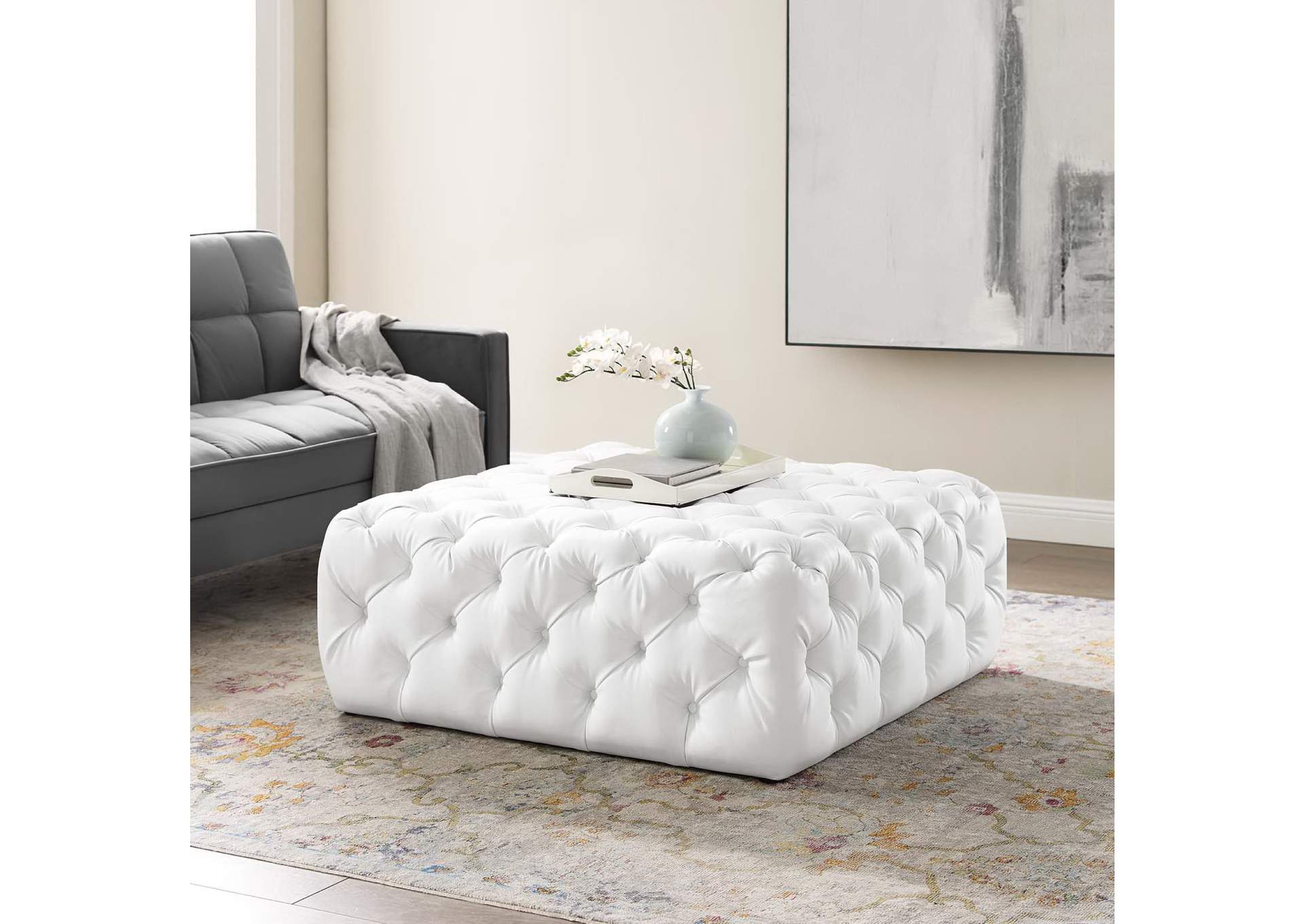 Amour Tufted Button Large Square Faux Leather Ottoman image 7