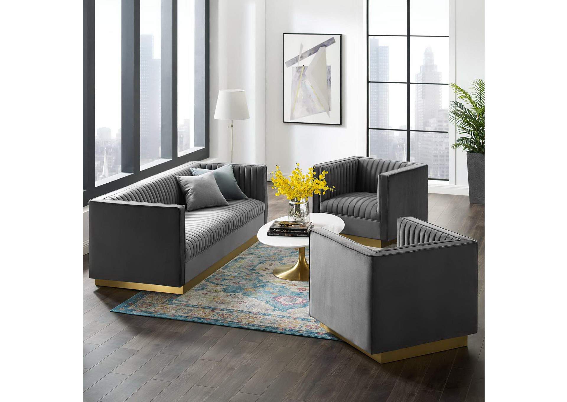 Sanguine 3 Piece Vertical Channel Tufted Upholstered Performance Velvet Set image 7