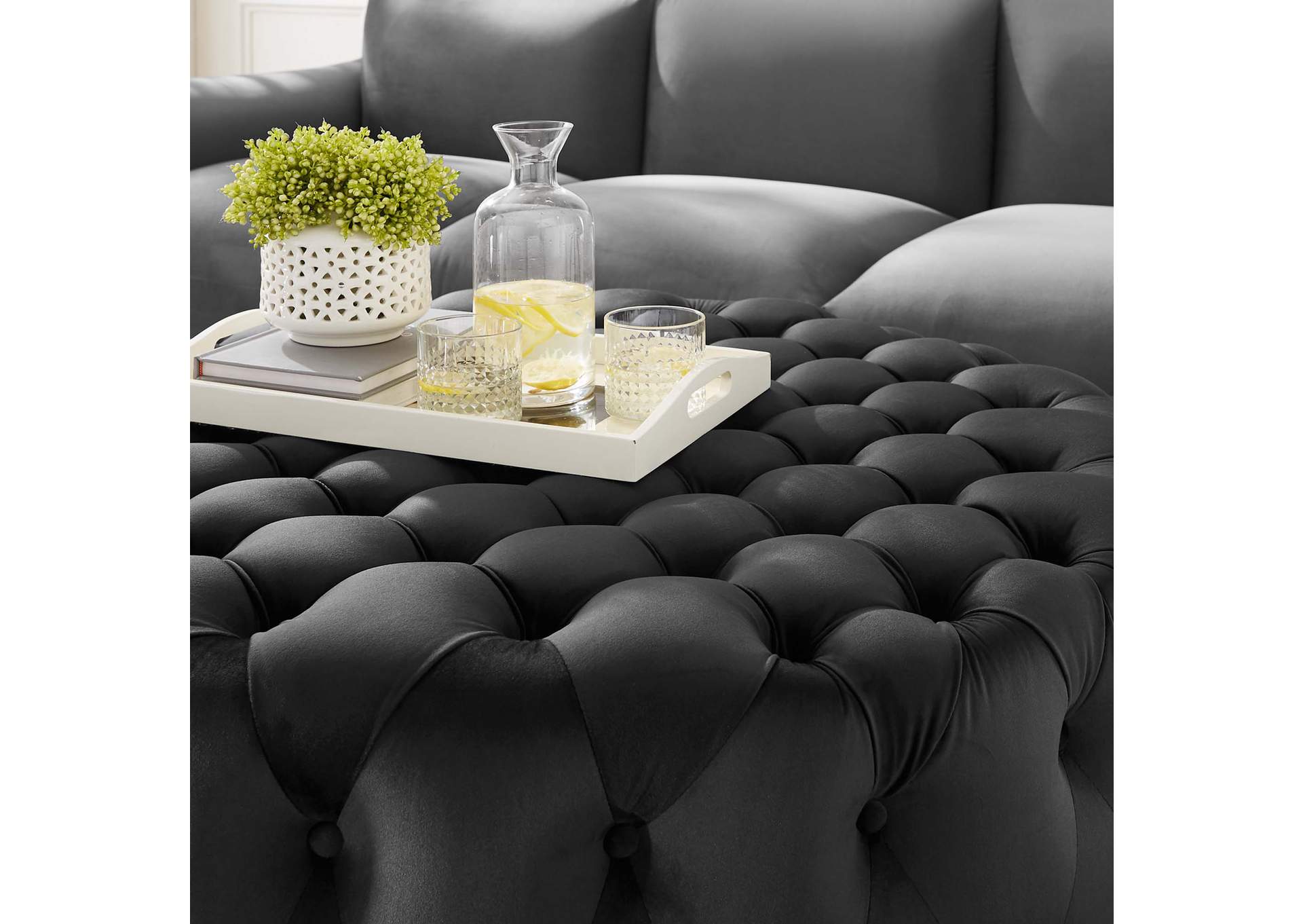 Amour Tufted Button Large Round Performance Velvet Ottoman image 5