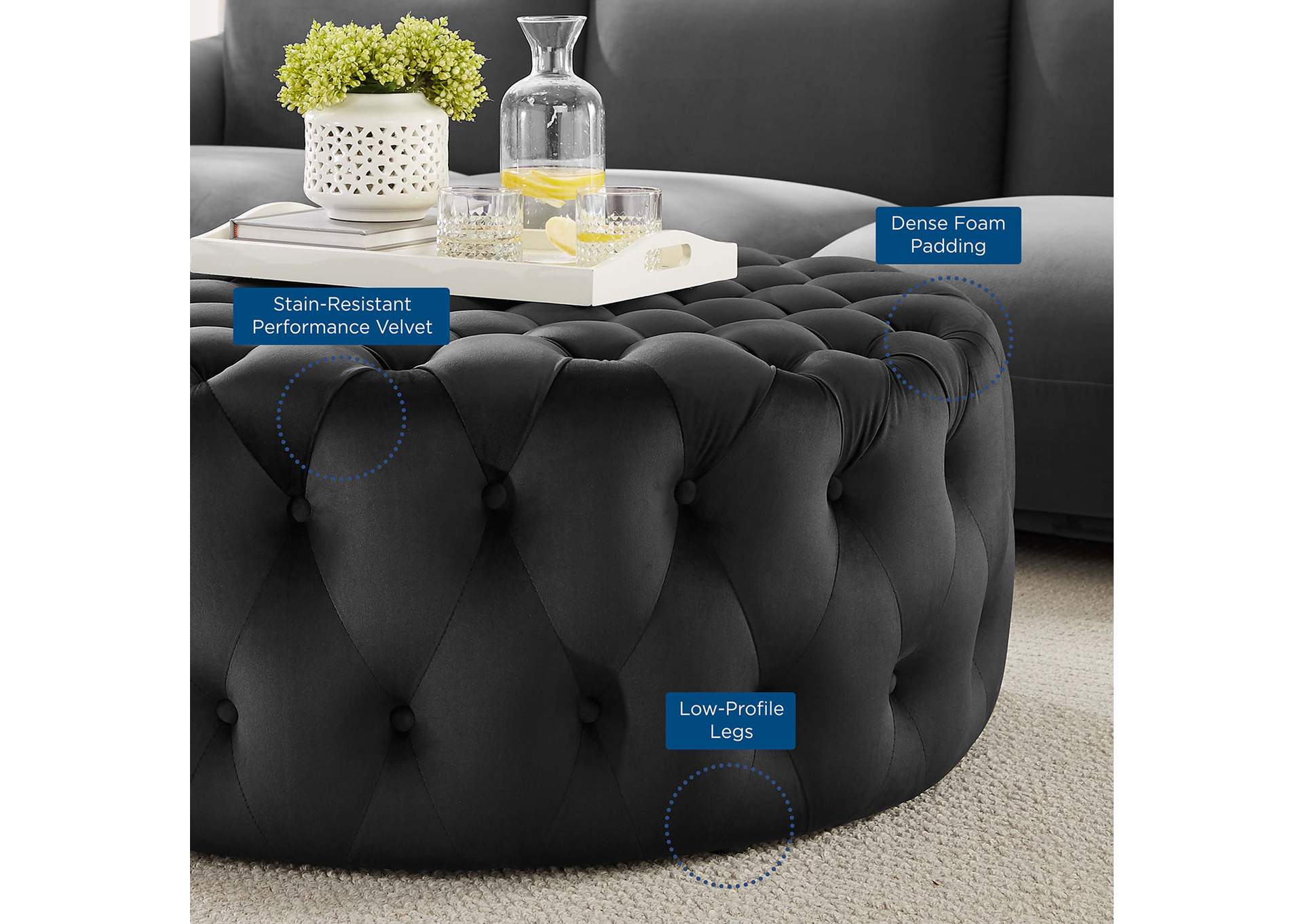 Amour Tufted Button Large Round Performance Velvet Ottoman image 6