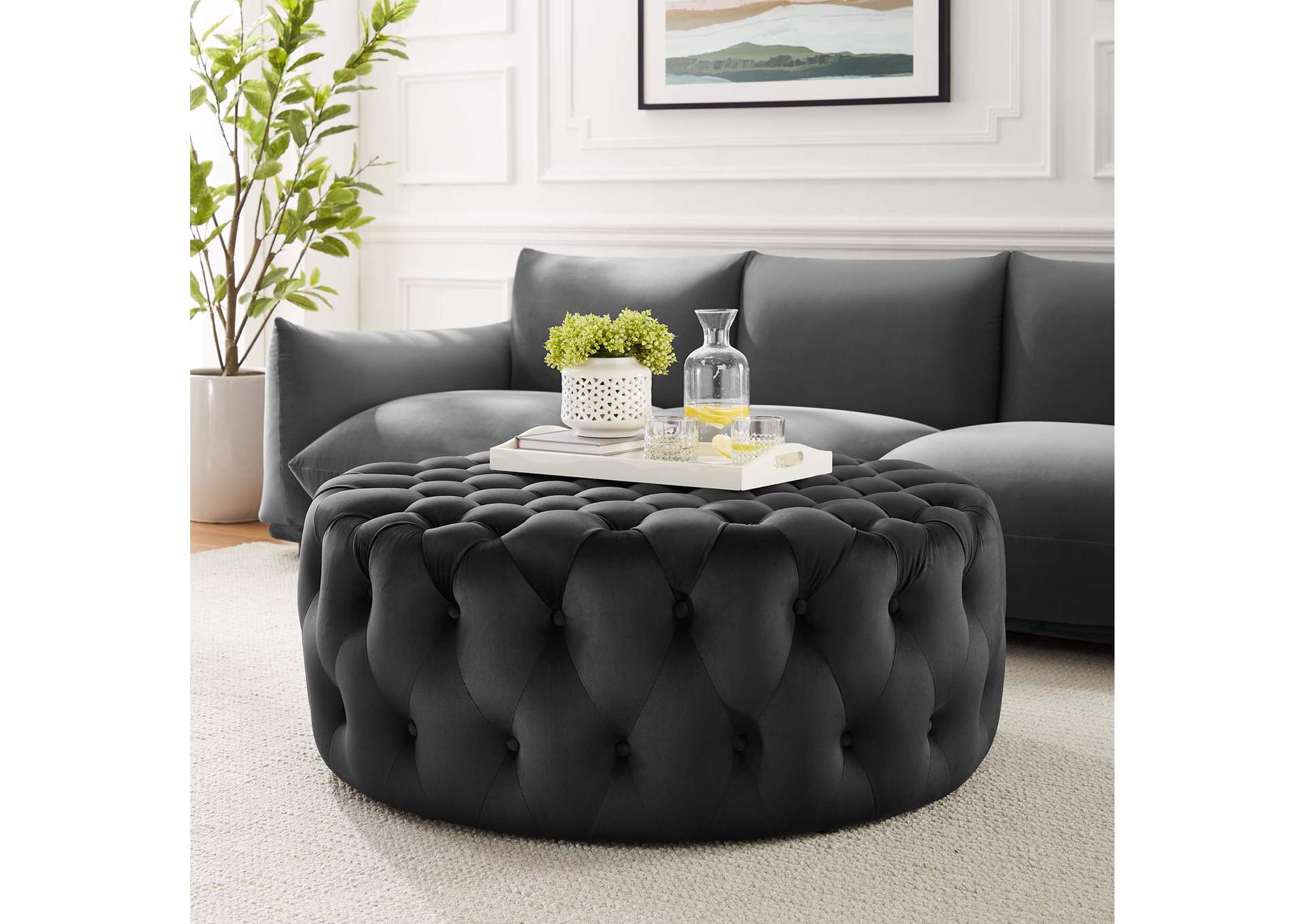 Amour Tufted Button Large Round Performance Velvet Ottoman image 7