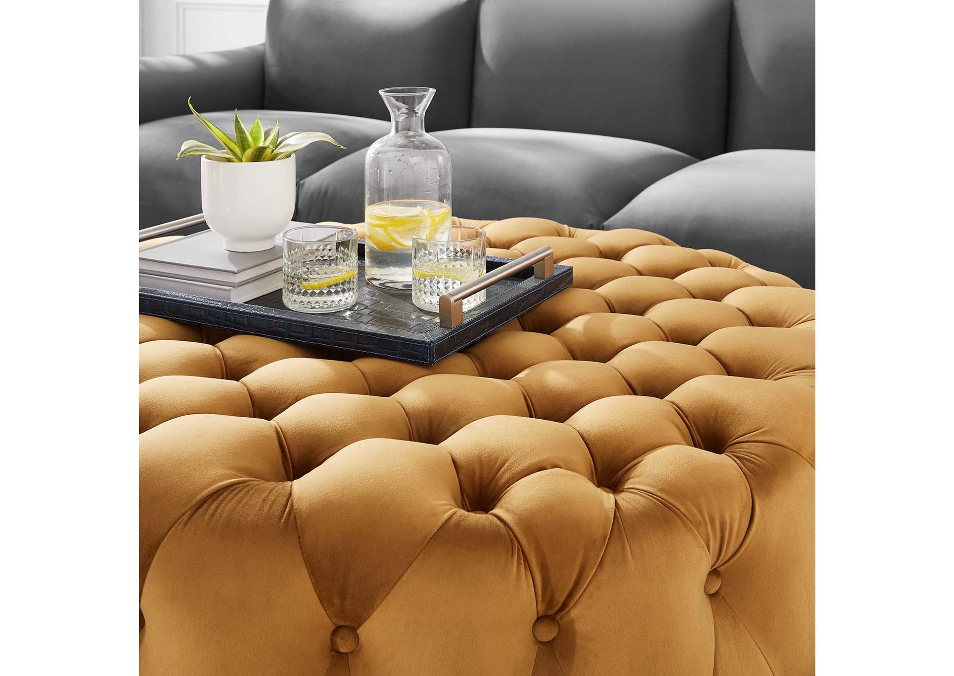 Amour Tufted Button Large Round Performance Velvet Ottoman image 5