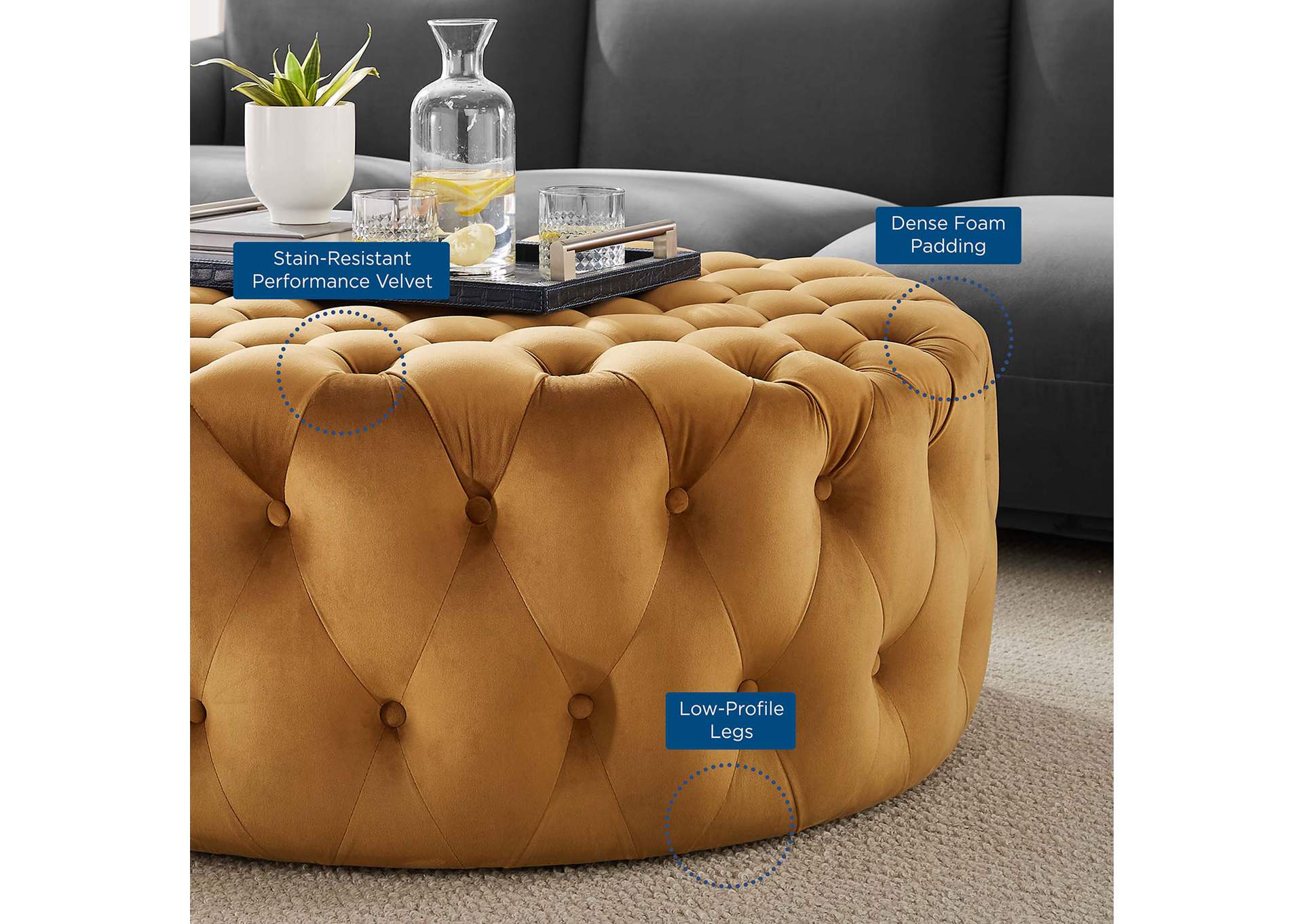Amour Tufted Button Large Round Performance Velvet Ottoman image 6