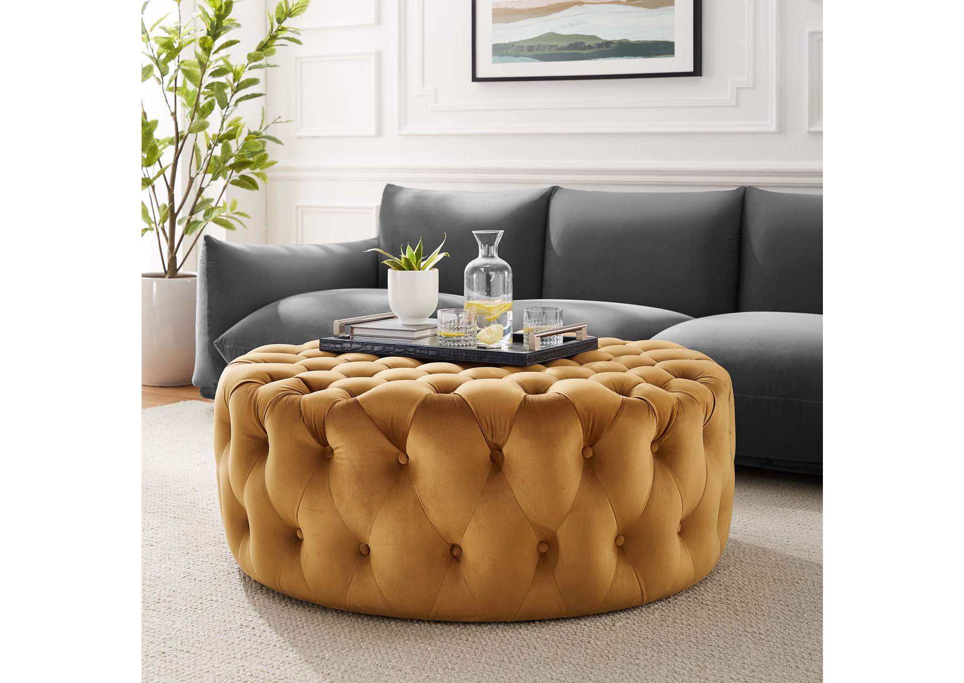 Amour Tufted Button Large Round Performance Velvet Ottoman image 7