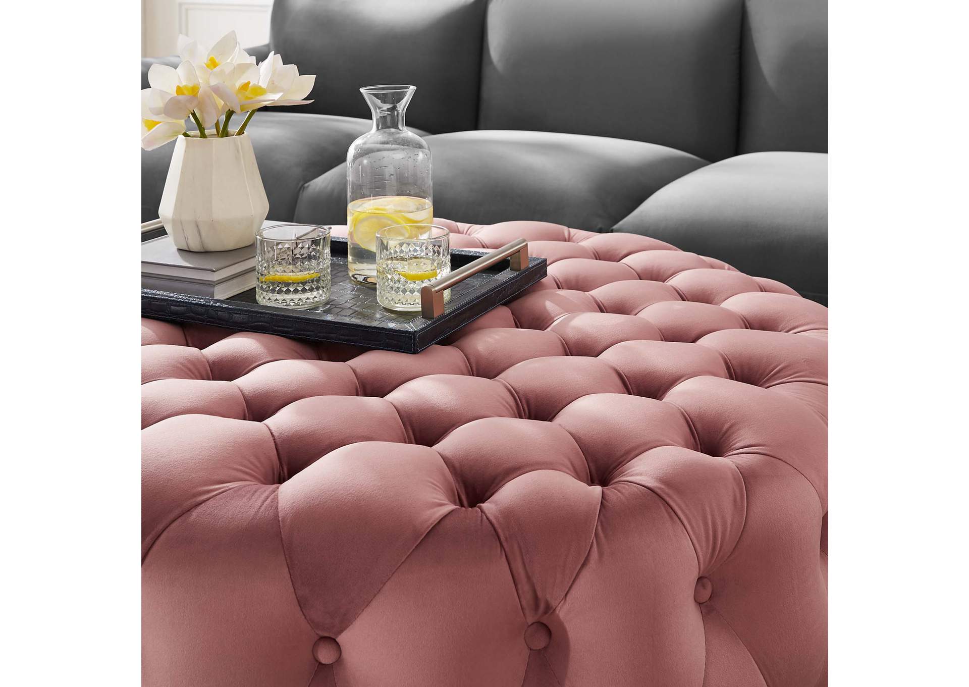 Amour Tufted Button Large Round Performance Velvet Ottoman image 5